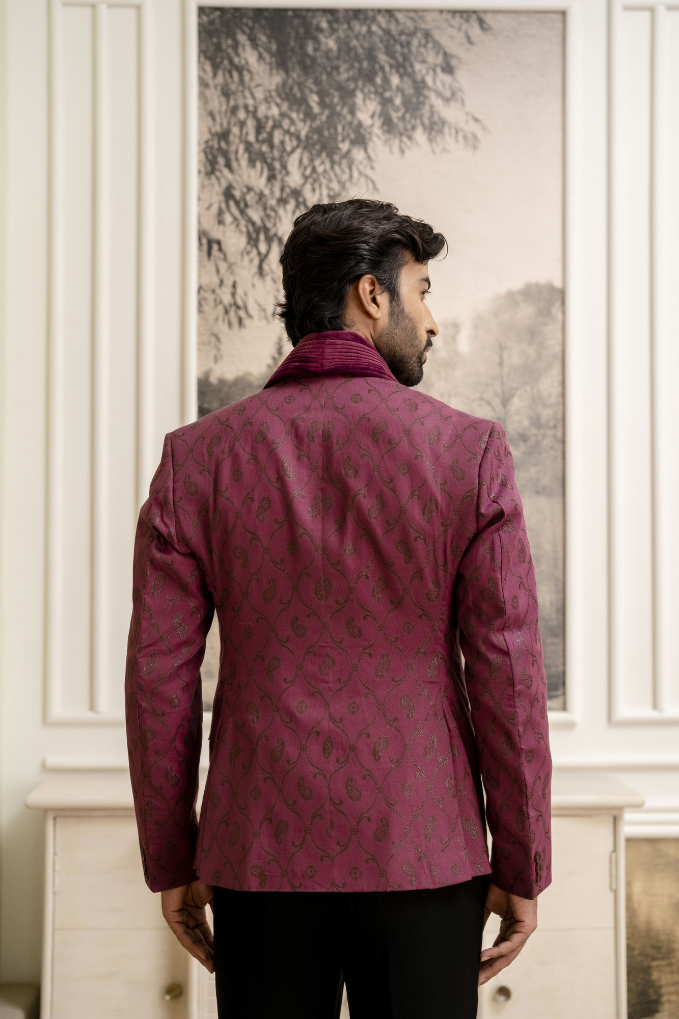 Cotton Jacquard Blazer In Burgundy