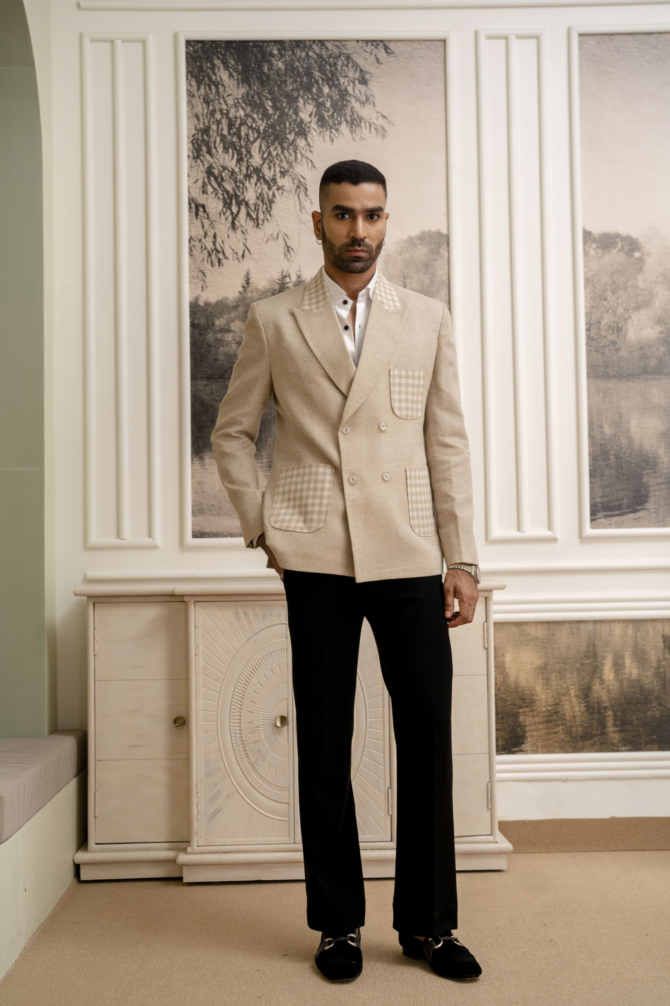 Motif Check Blazer In Jute