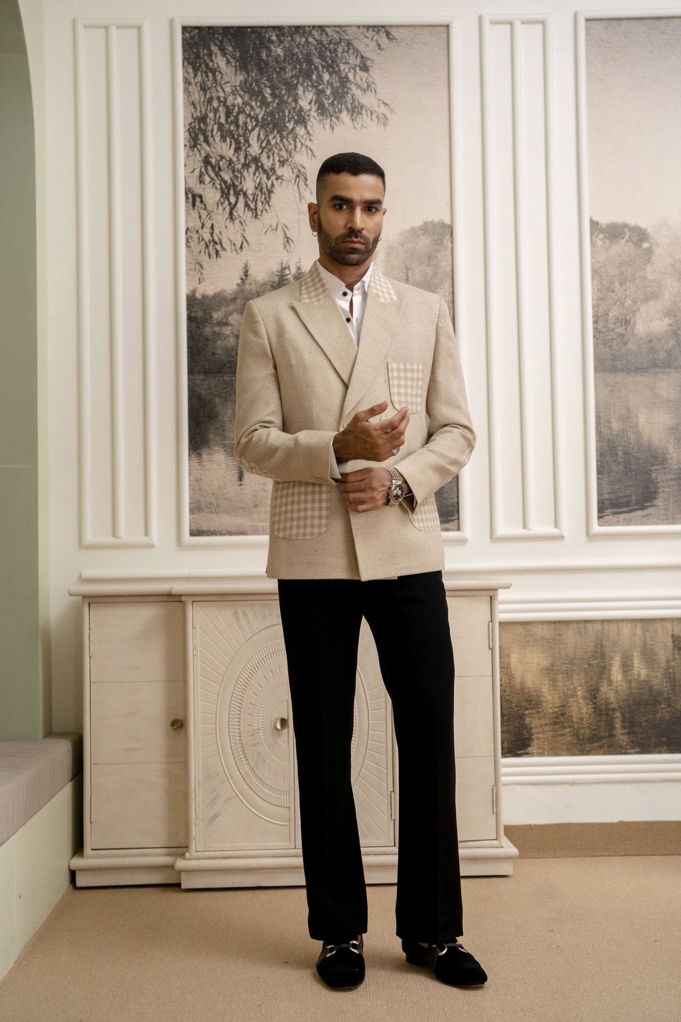 Motif Check Blazer In Jute