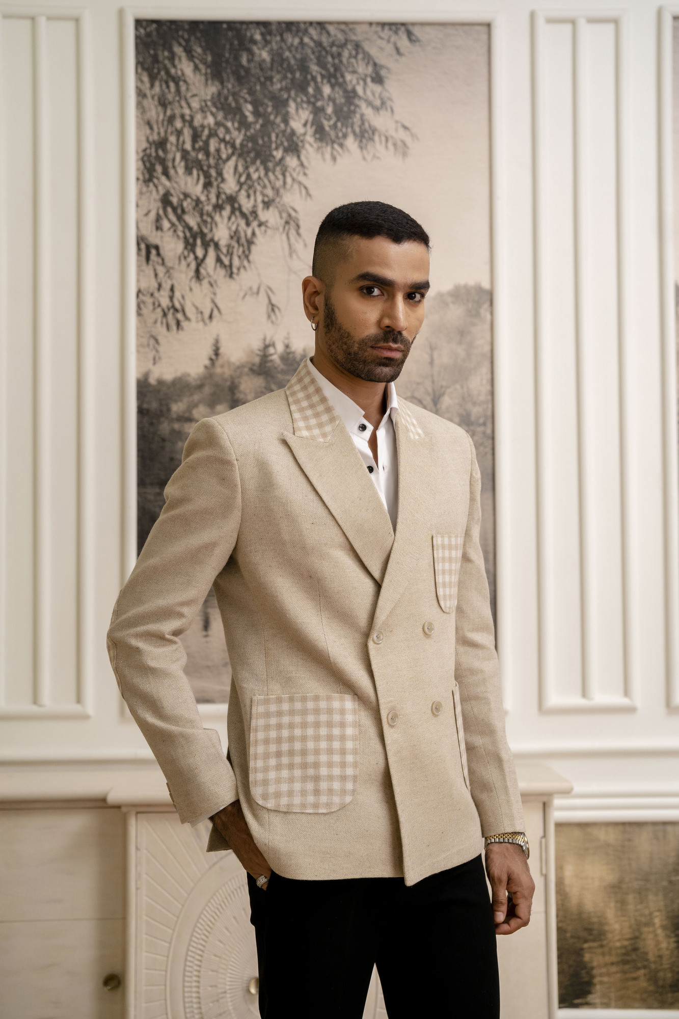 Motif Check Blazer In Jute