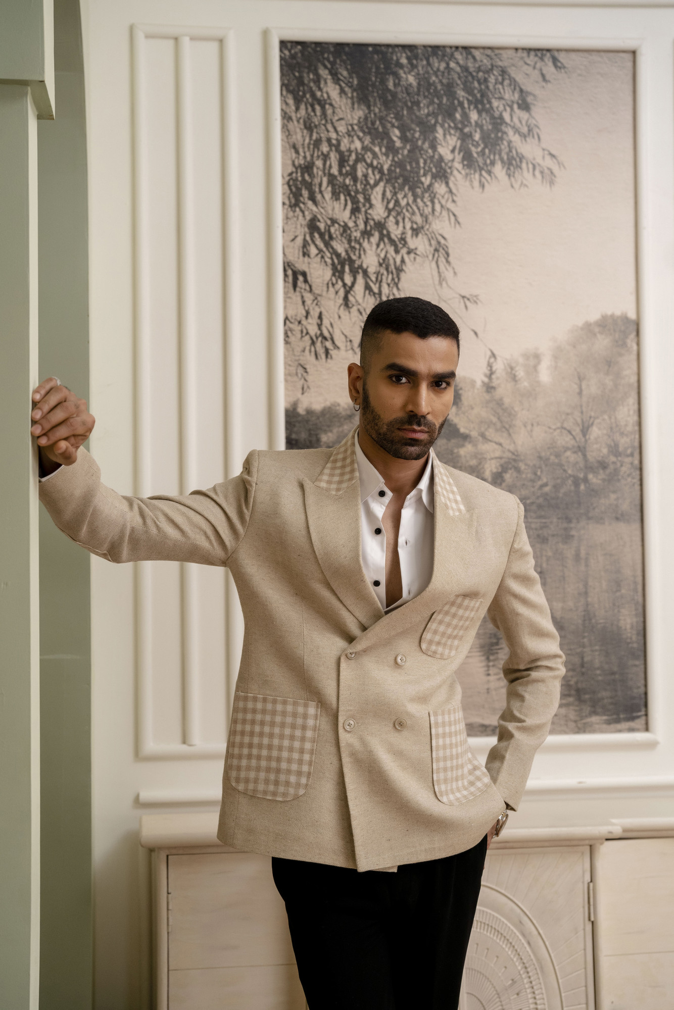 Motif Check Blazer In Jute