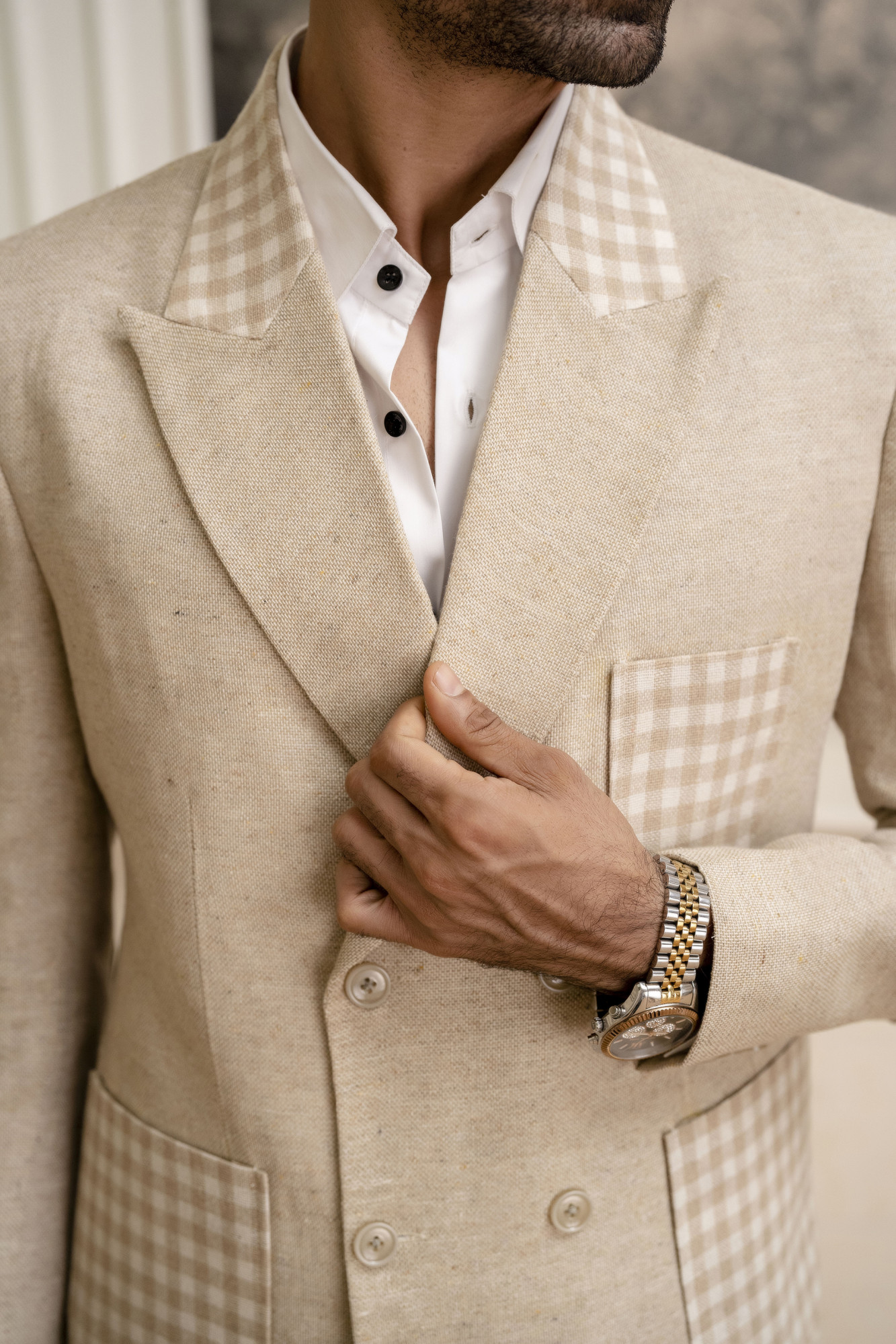 Motif Check Blazer In Jute