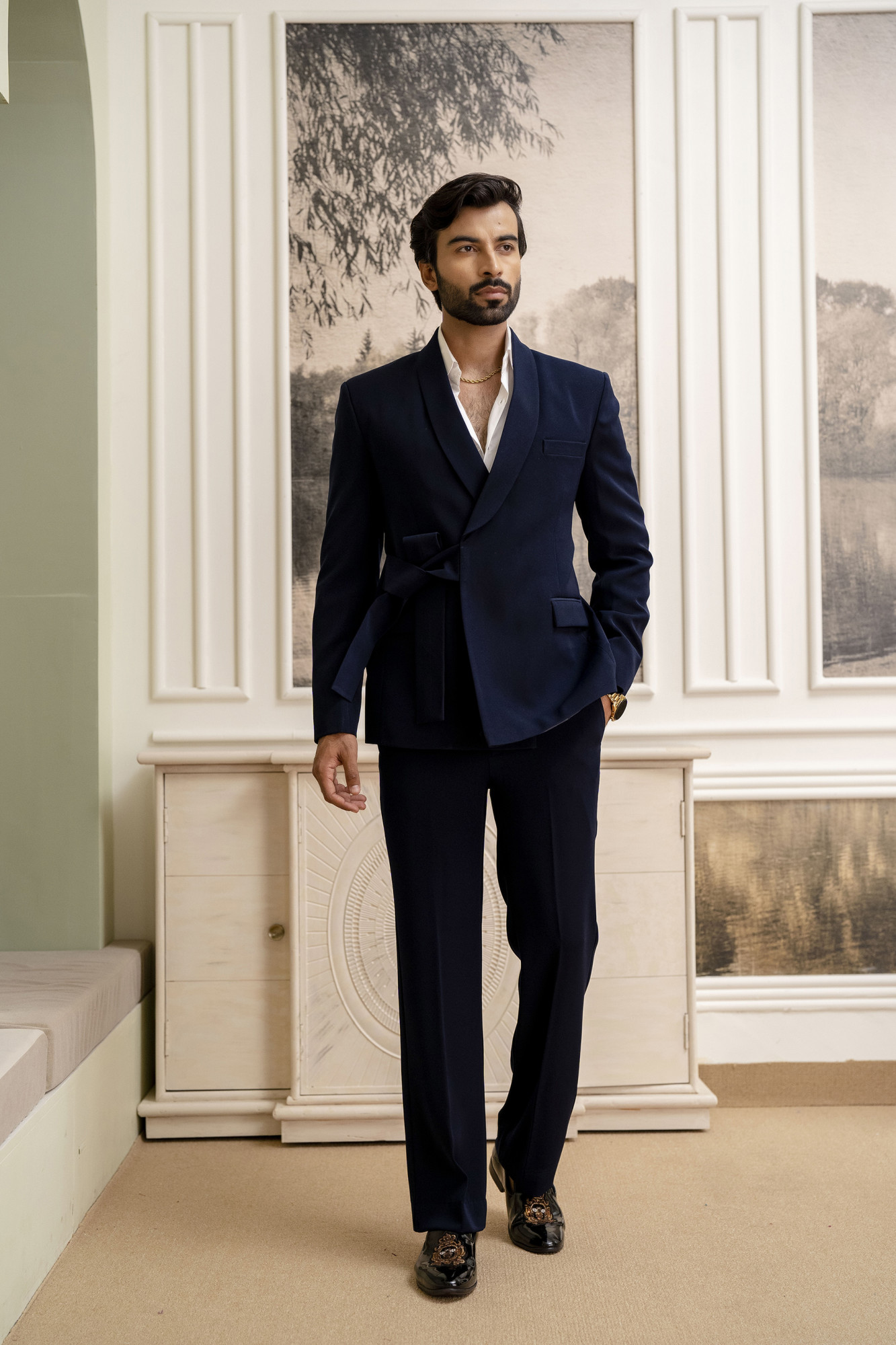 Belted Double Breasted Blazer In Blue