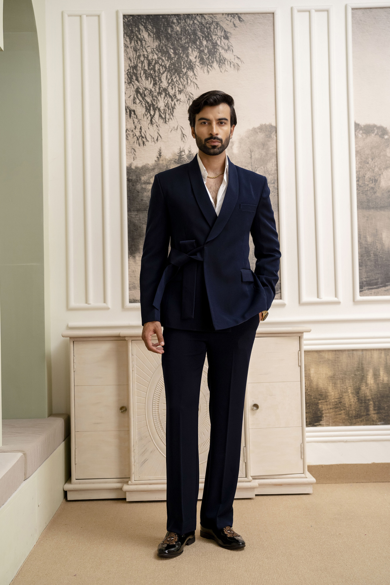 Belted Double Breasted Blazer In Blue