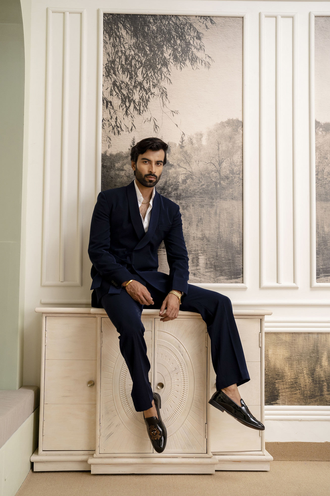 Belted Double Breasted Blazer In Blue