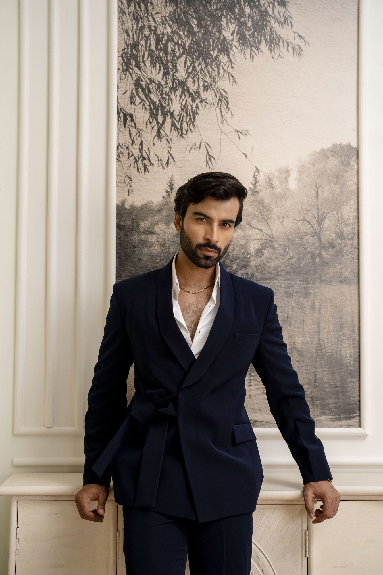 Belted Double Breasted Blazer In Blue