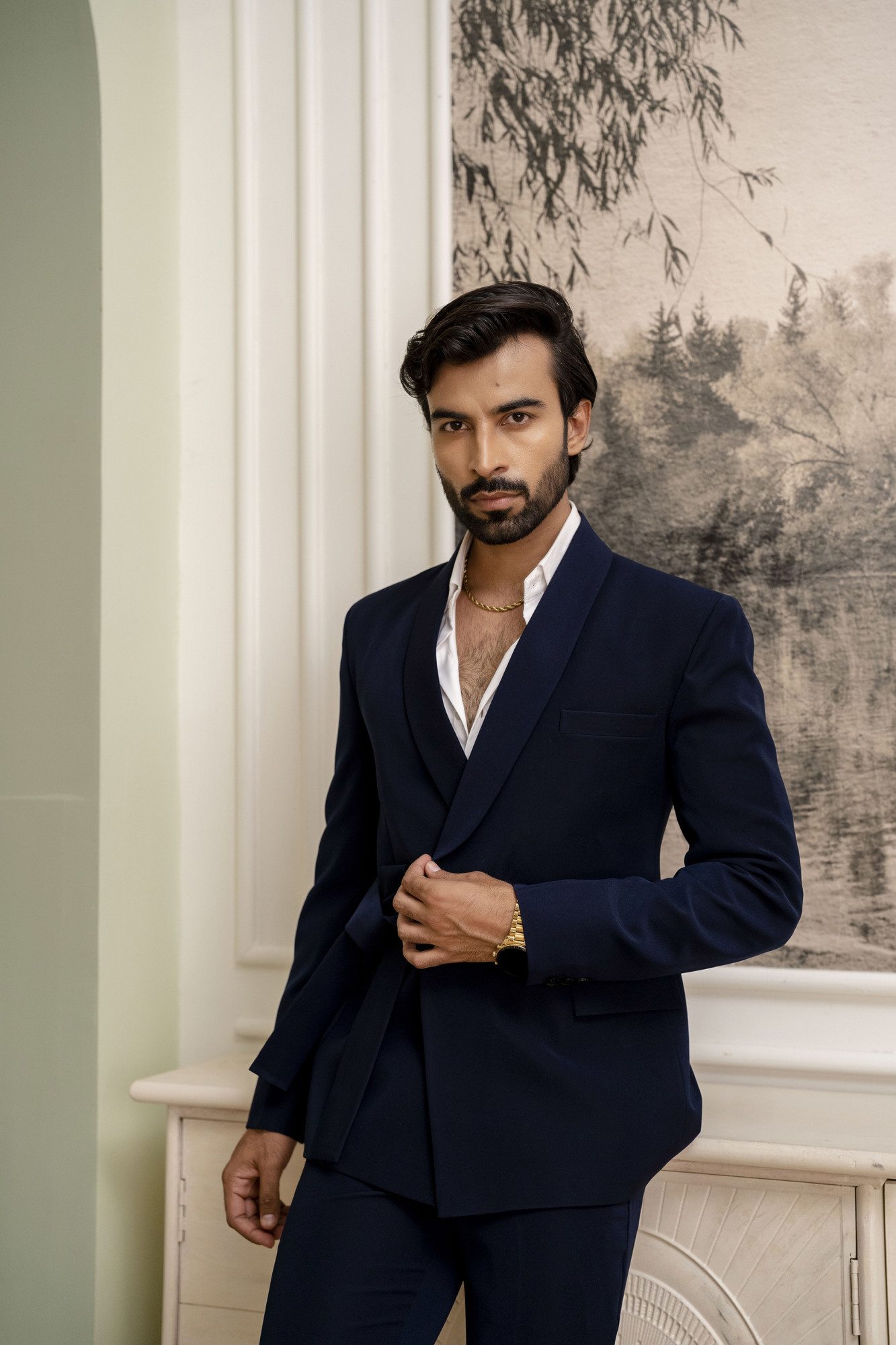 Belted Double Breasted Blazer In Blue