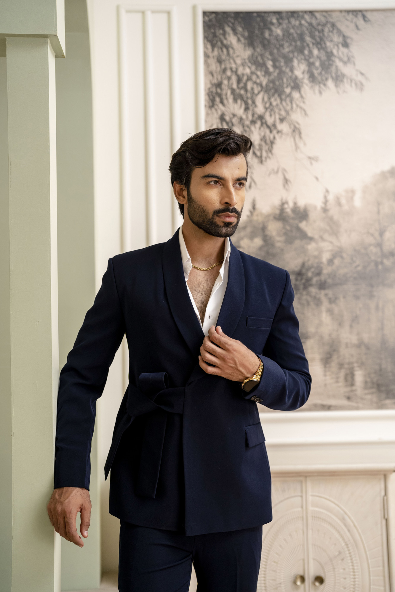 Belted Double Breasted Blazer In Blue