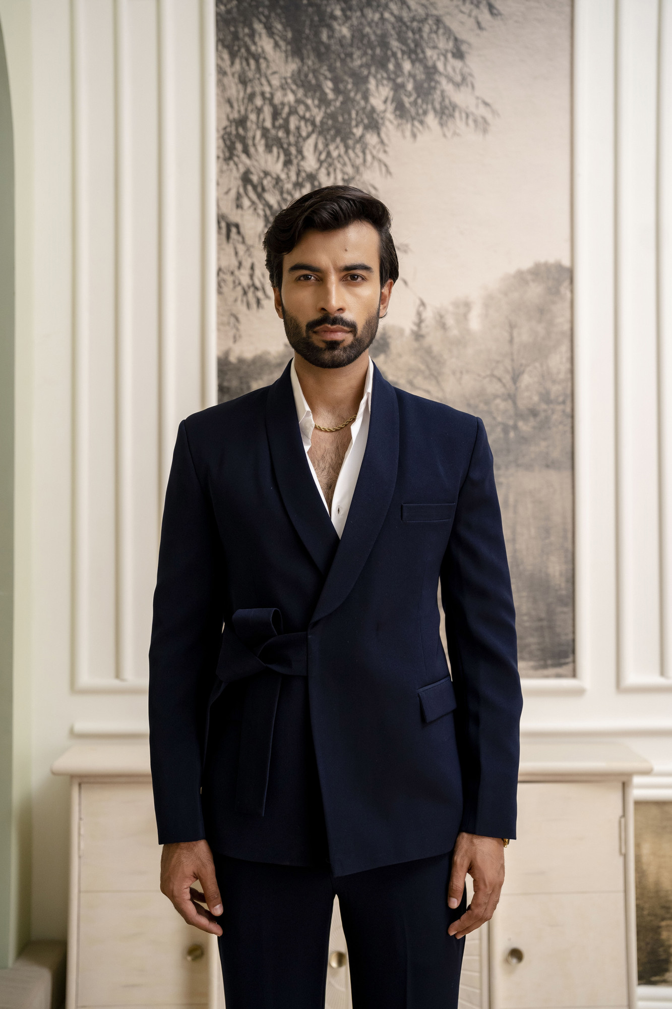 Belted Double Breasted Blazer In Blue