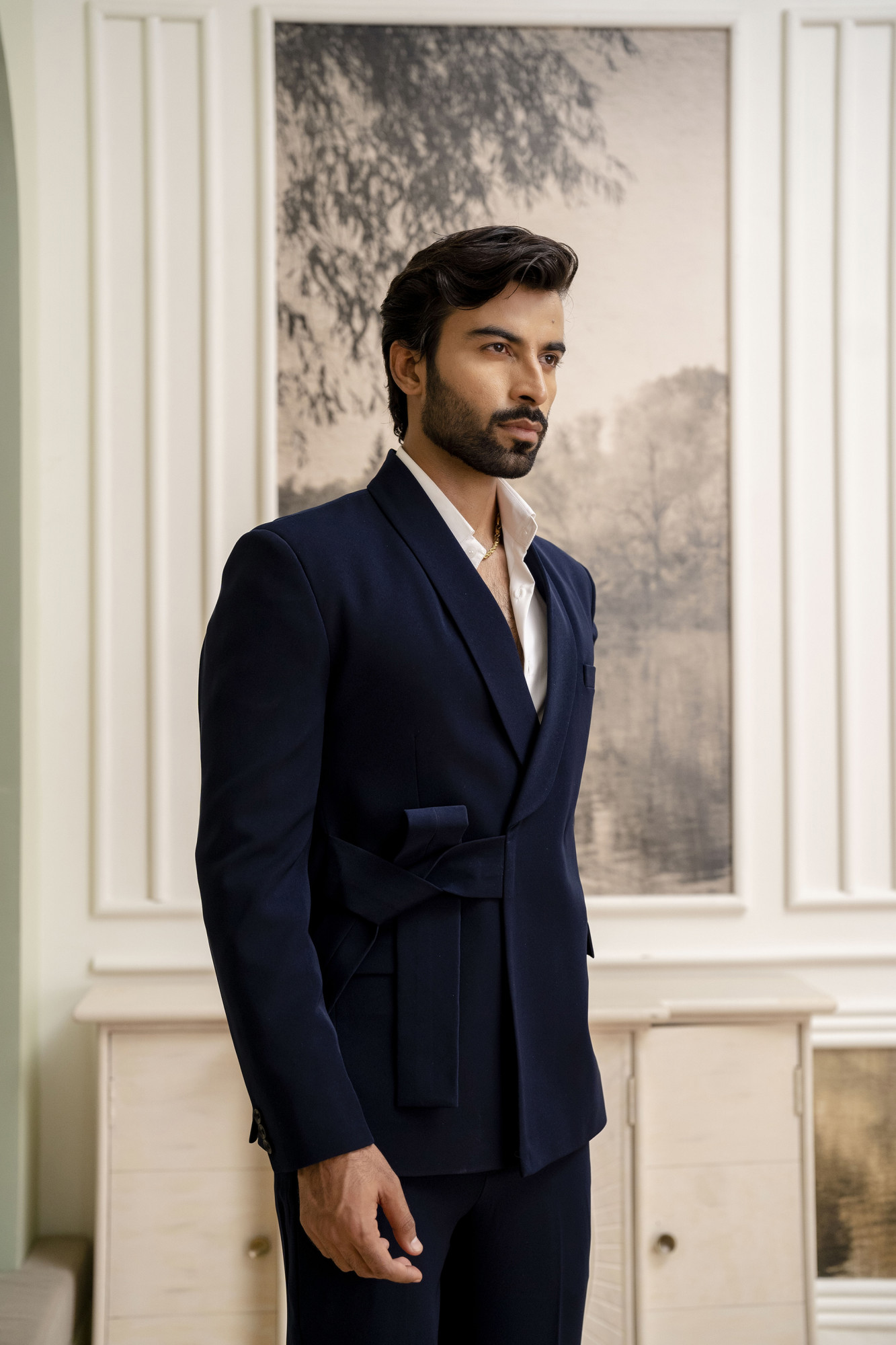 Belted Double Breasted Blazer In Blue