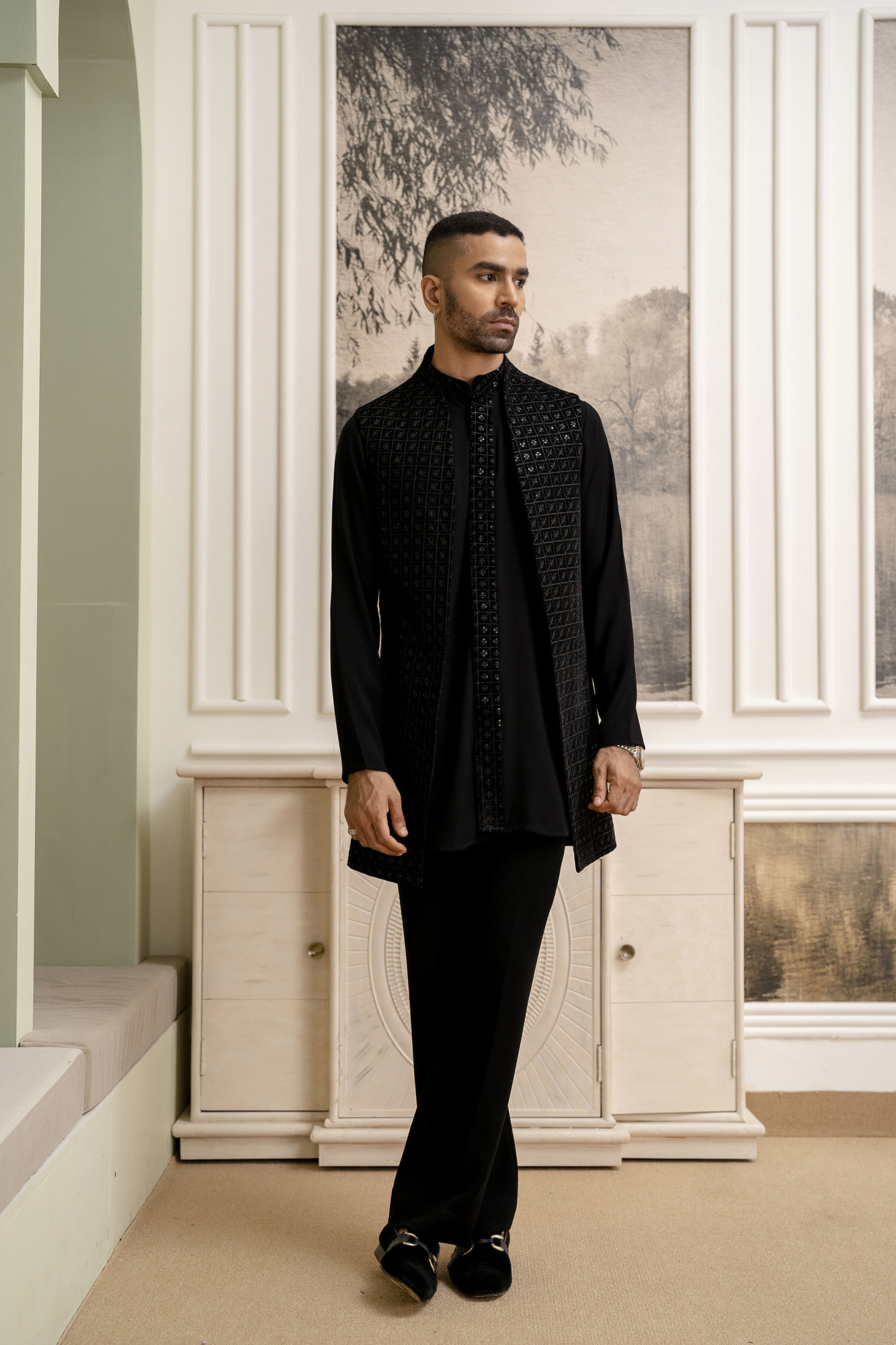 Black Velvet Sequin High Neck Jacket