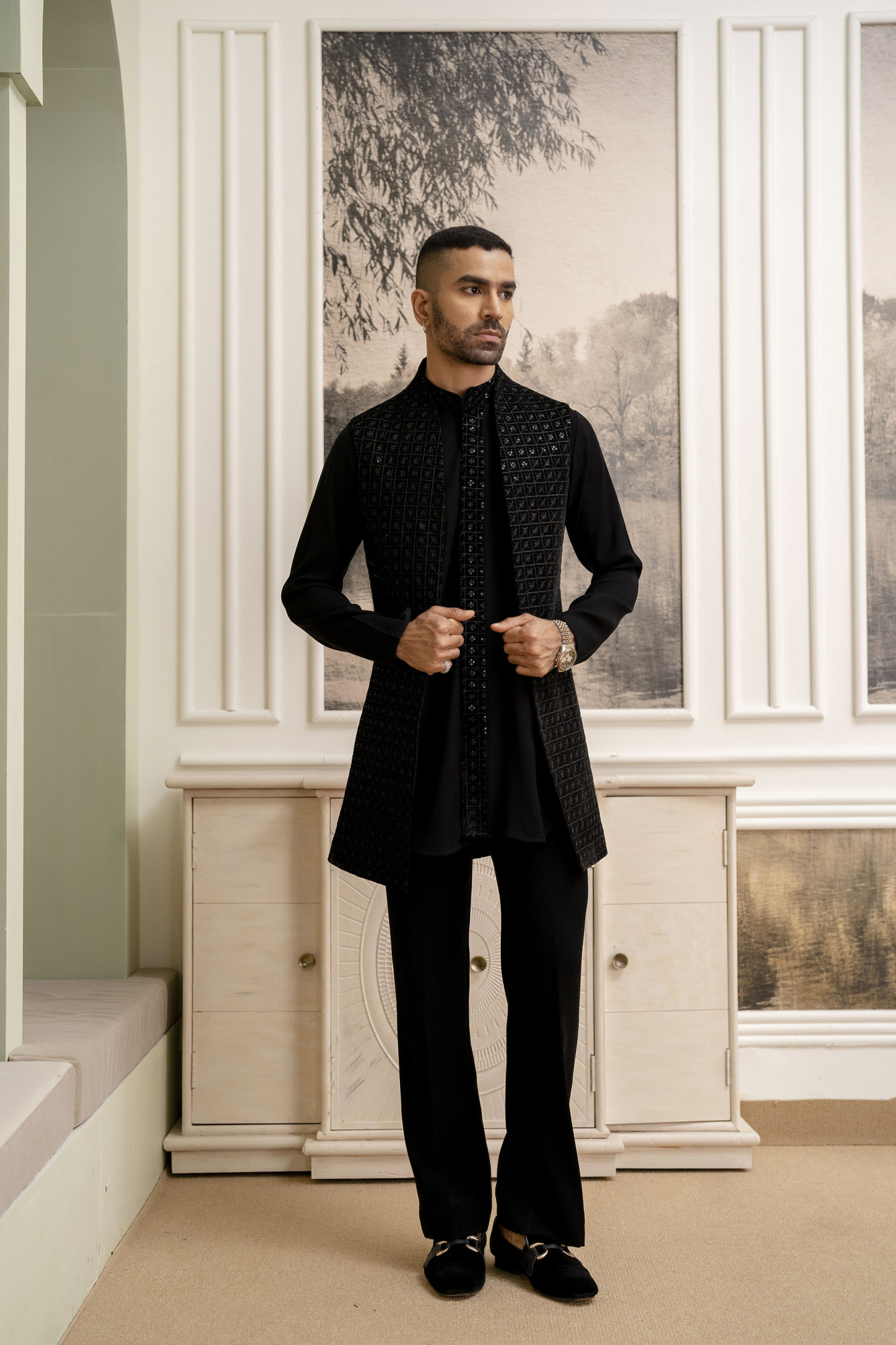 Black Velvet Sequin High Neck Jacket