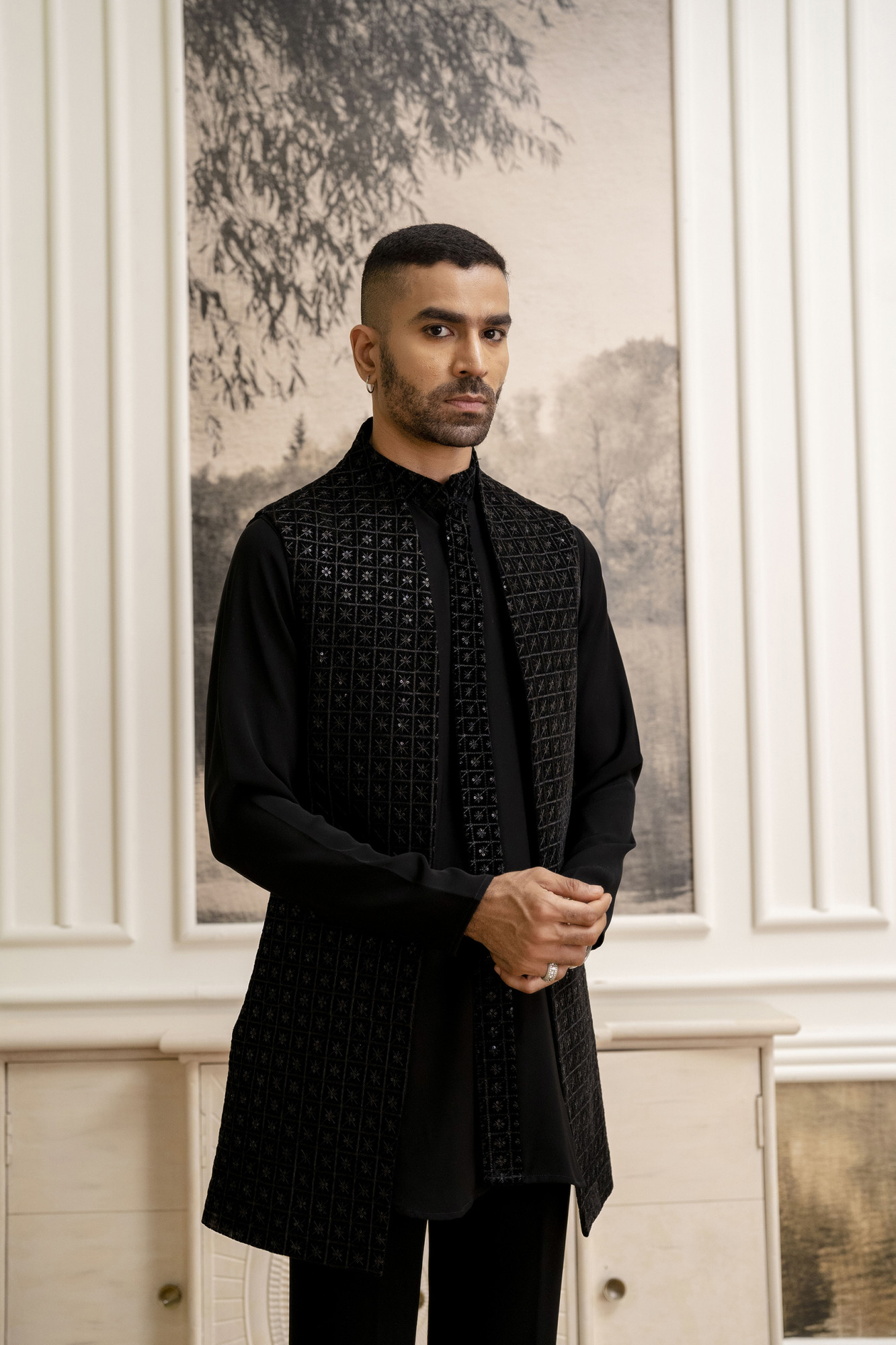 Black Velvet Sequin High Neck Jacket