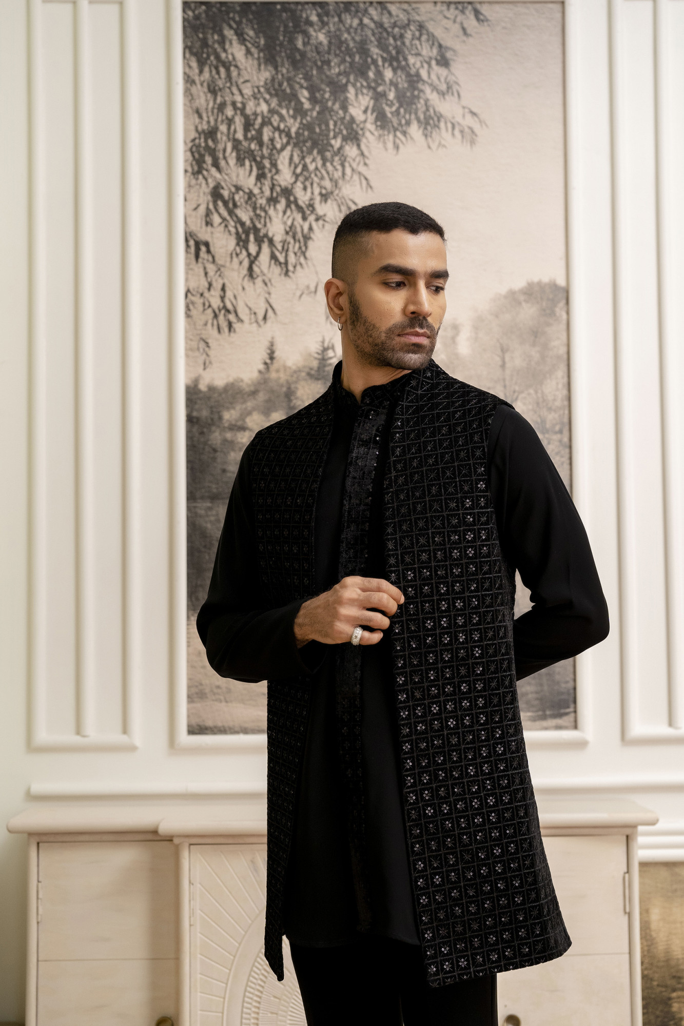 Black Velvet Sequin High Neck Jacket