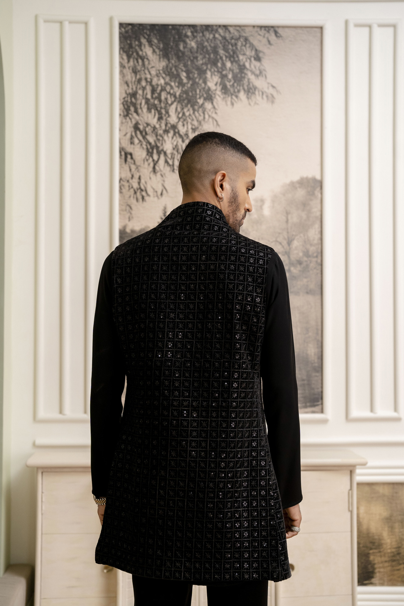 Black Velvet Sequin High Neck Jacket