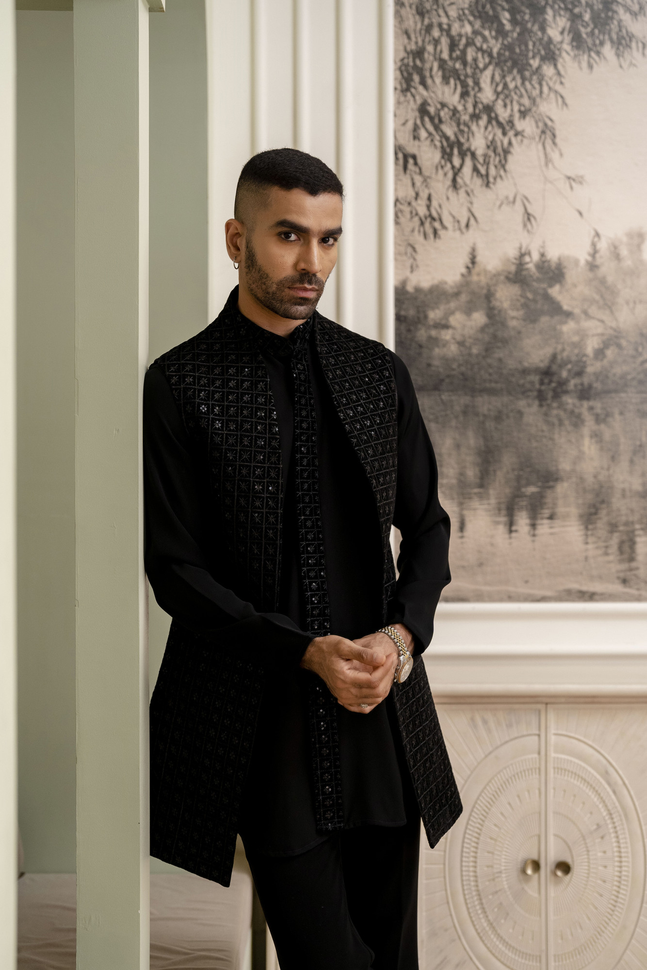 Black Velvet Sequin High Neck Jacket