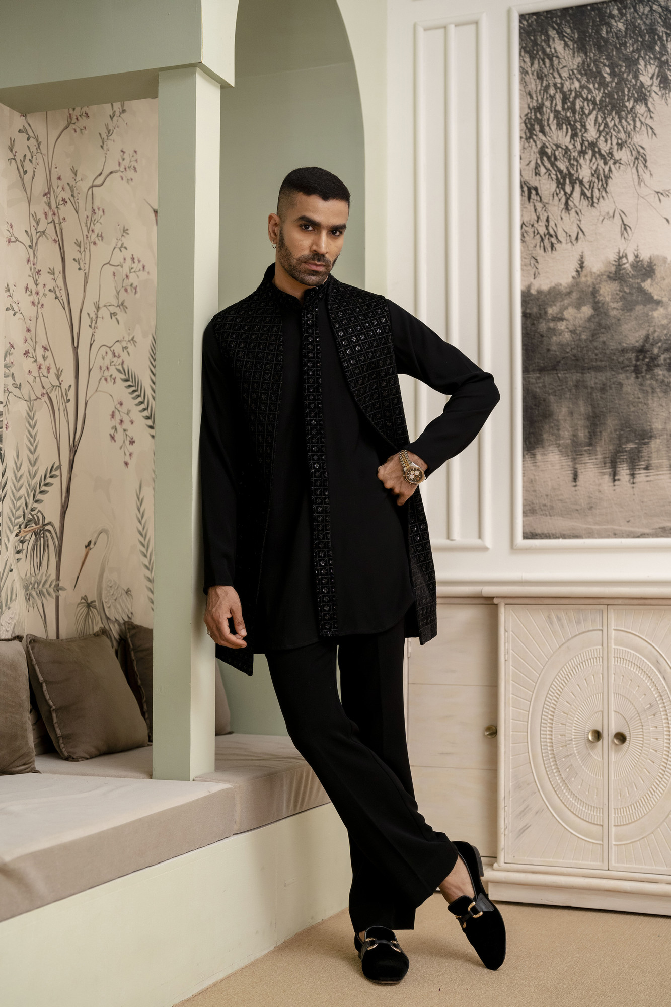 Black Velvet Sequin High Neck Jacket