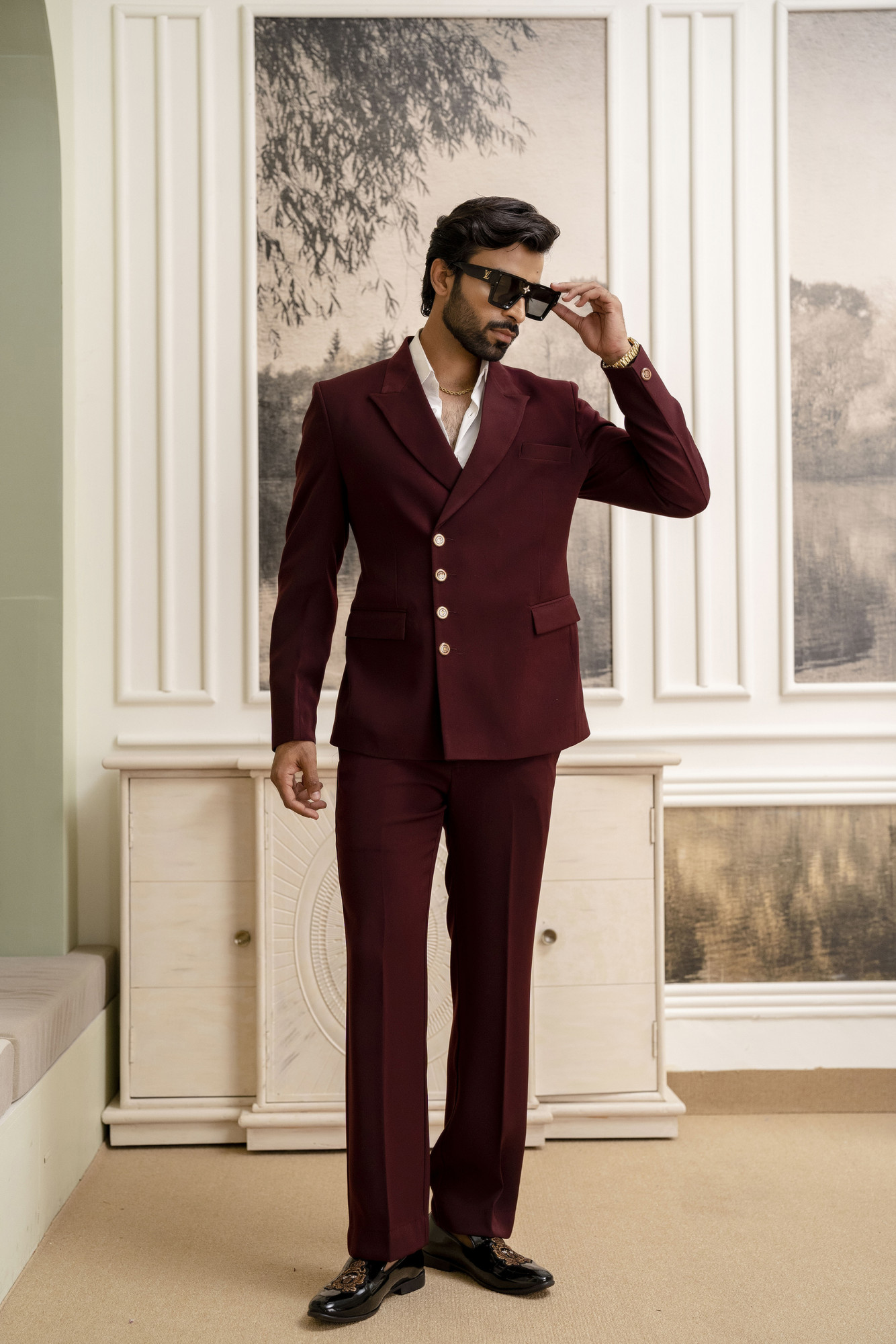 Double Breasted Button Up Blazer In Wine