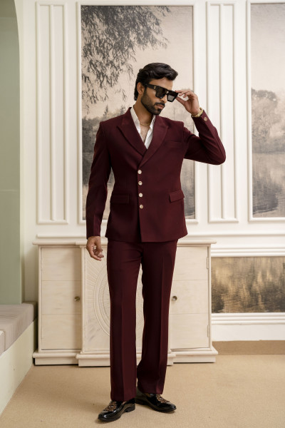 Double Breasted Button Up Blazer In Wine