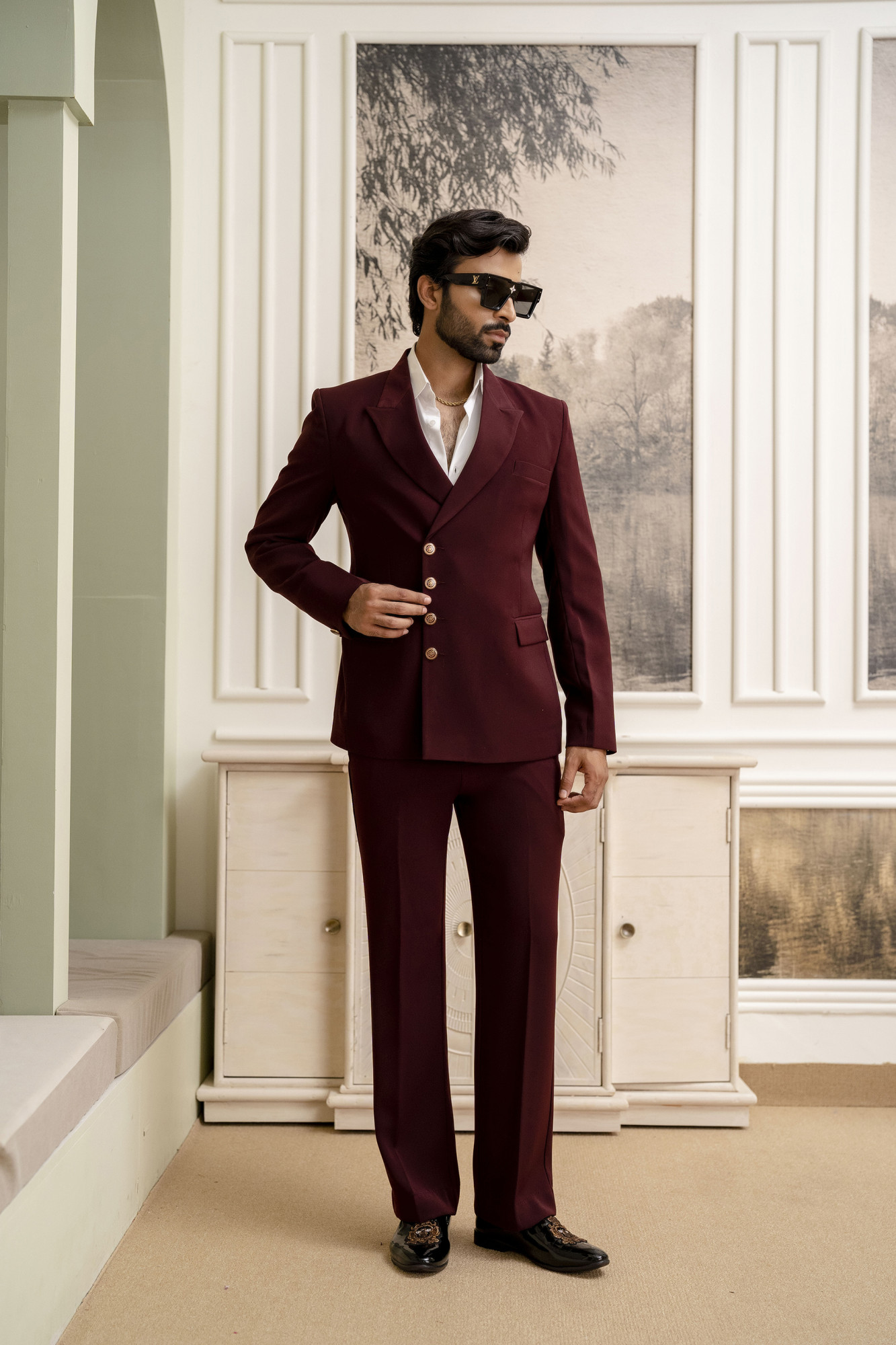 Double Breasted Button Up Blazer In Wine