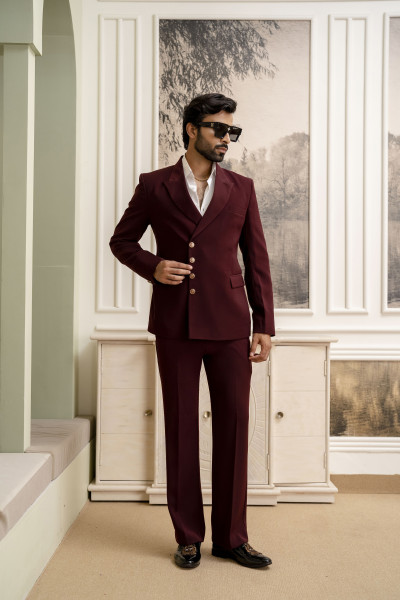 Double Breasted Button Up Blazer In Wine