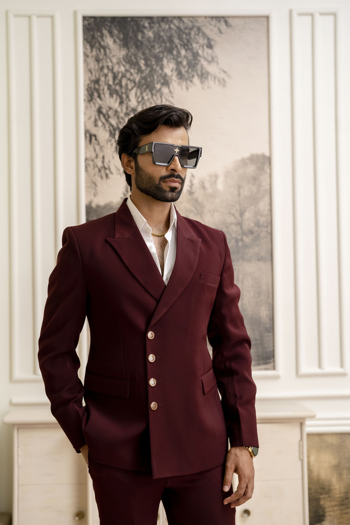 Double Breasted Button Up Blazer In Wine