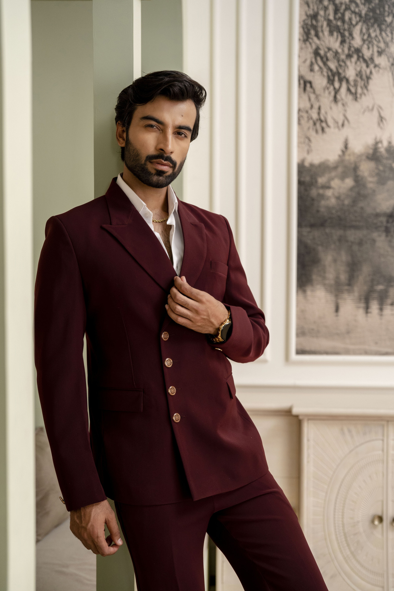 Double Breasted Button Up Blazer In Wine