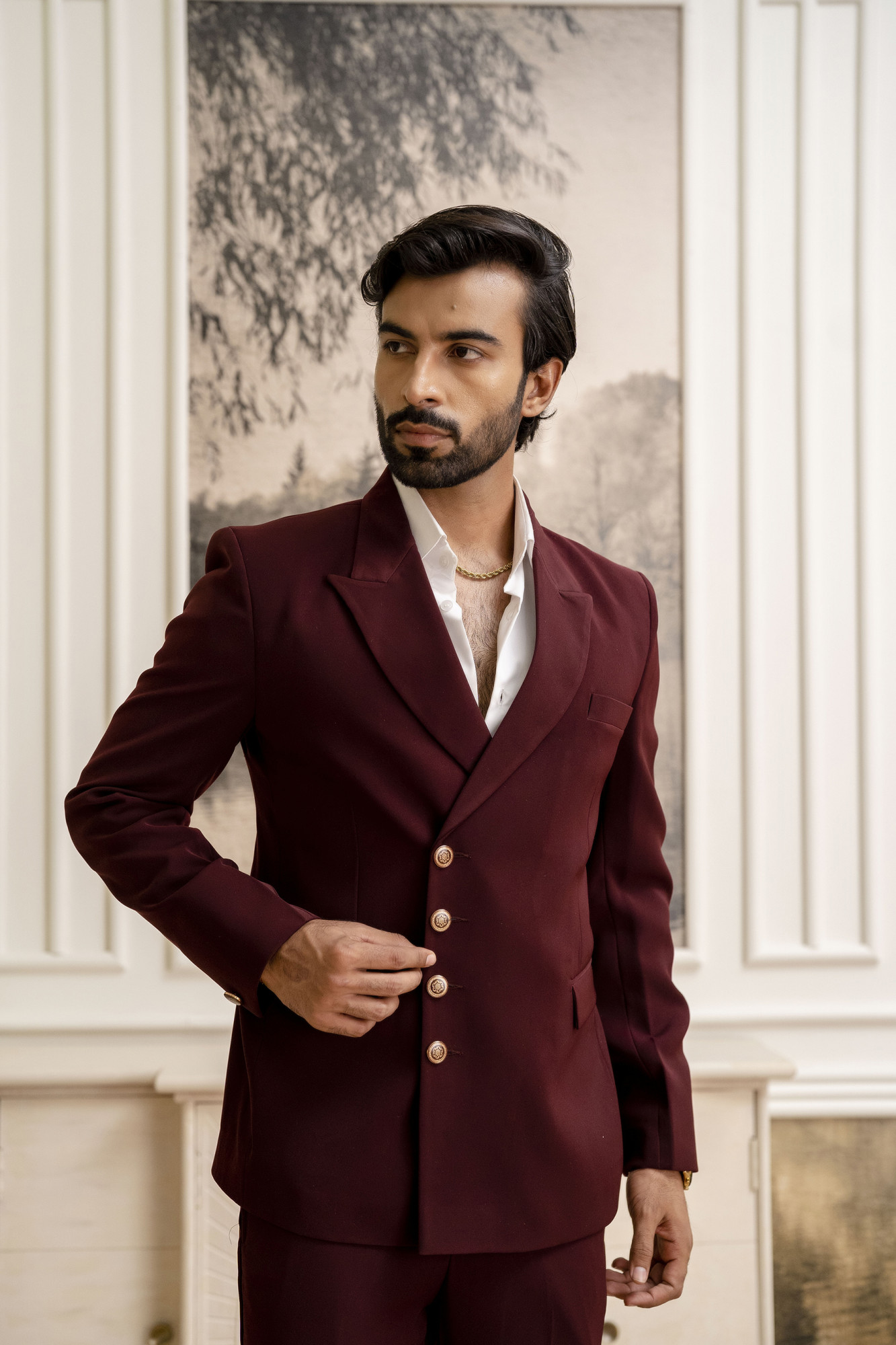 Double Breasted Button Up Blazer In Wine