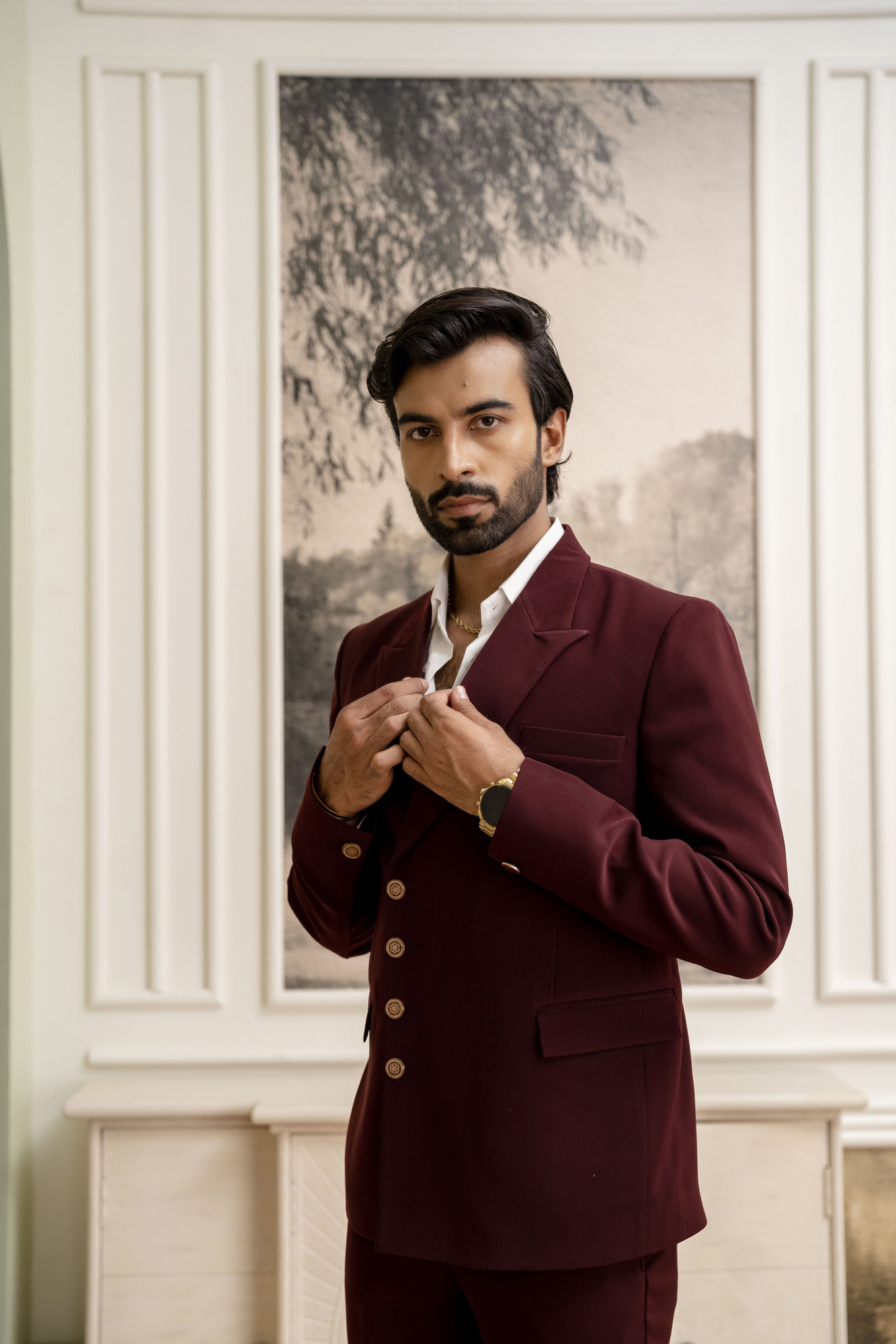 Double Breasted Button Up Blazer In Wine