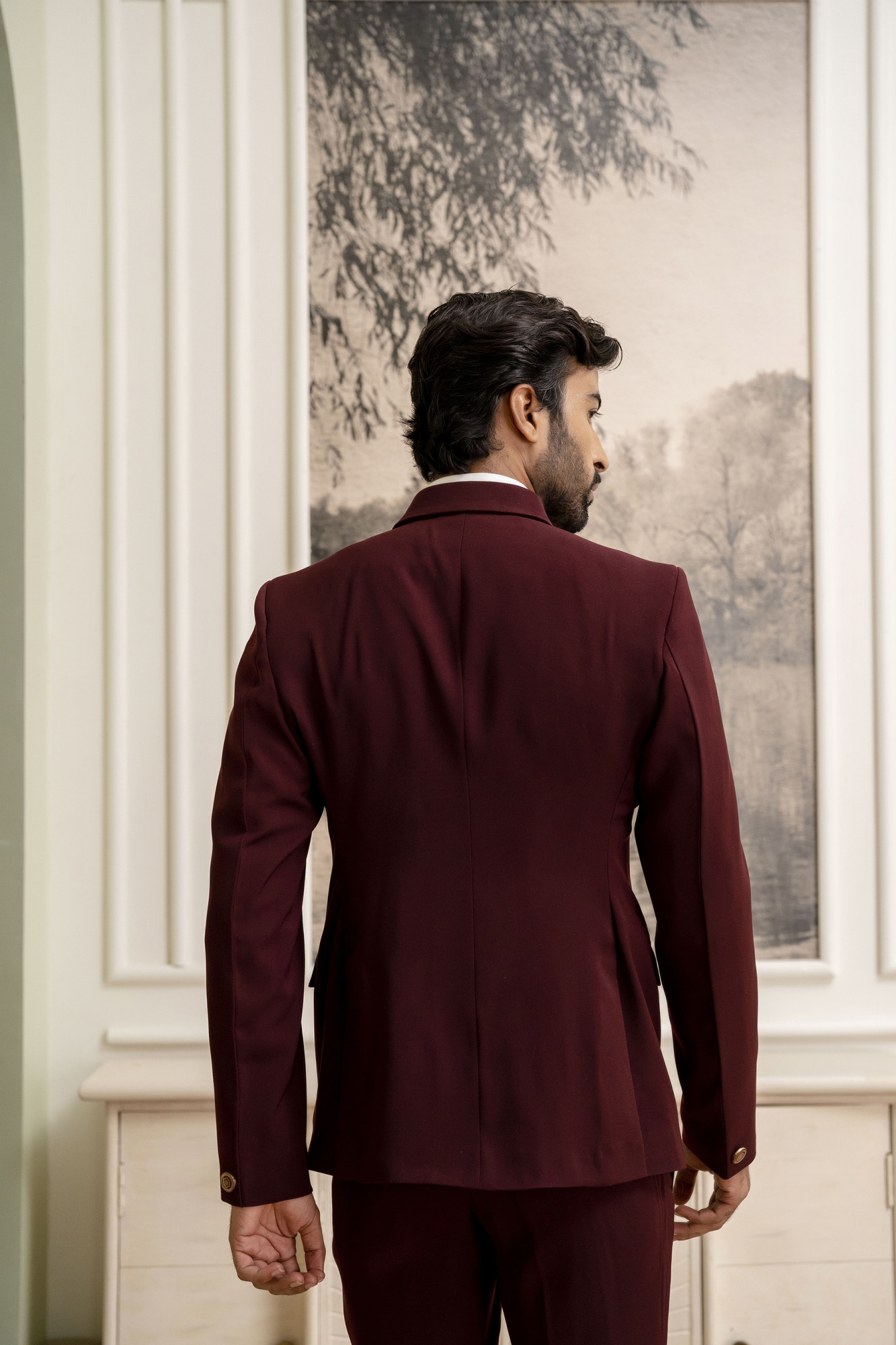 Double Breasted Button Up Blazer In Wine