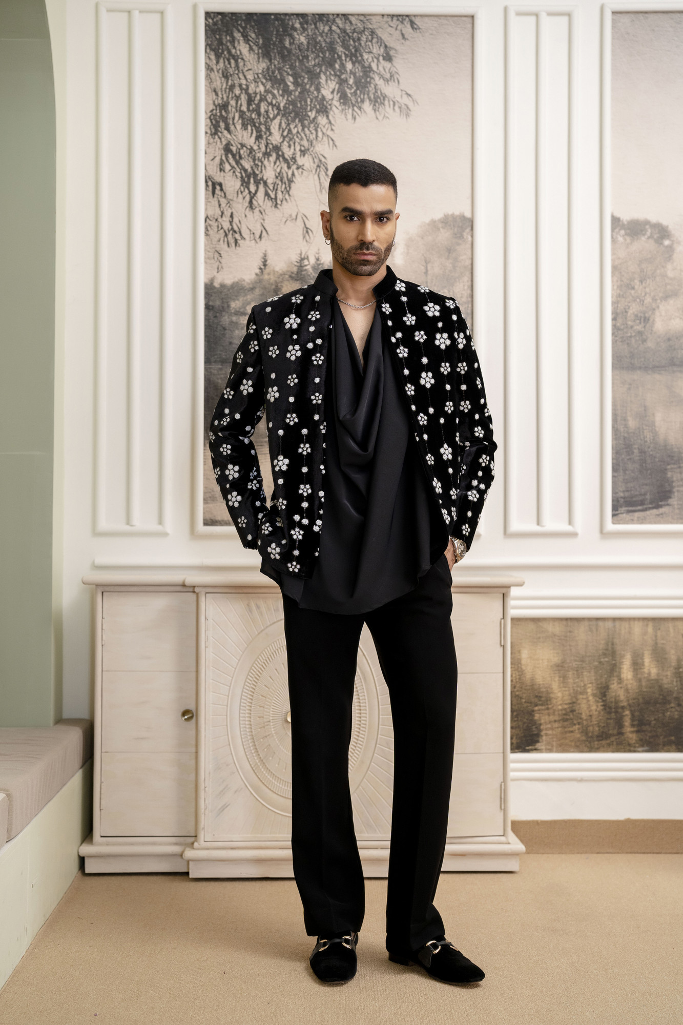 White Sequin Open Bandhgala Jacket