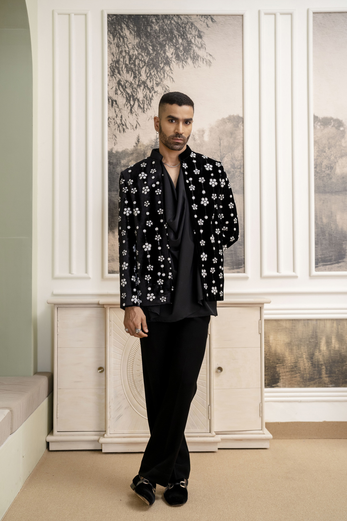 White Sequin Open Bandhgala Jacket