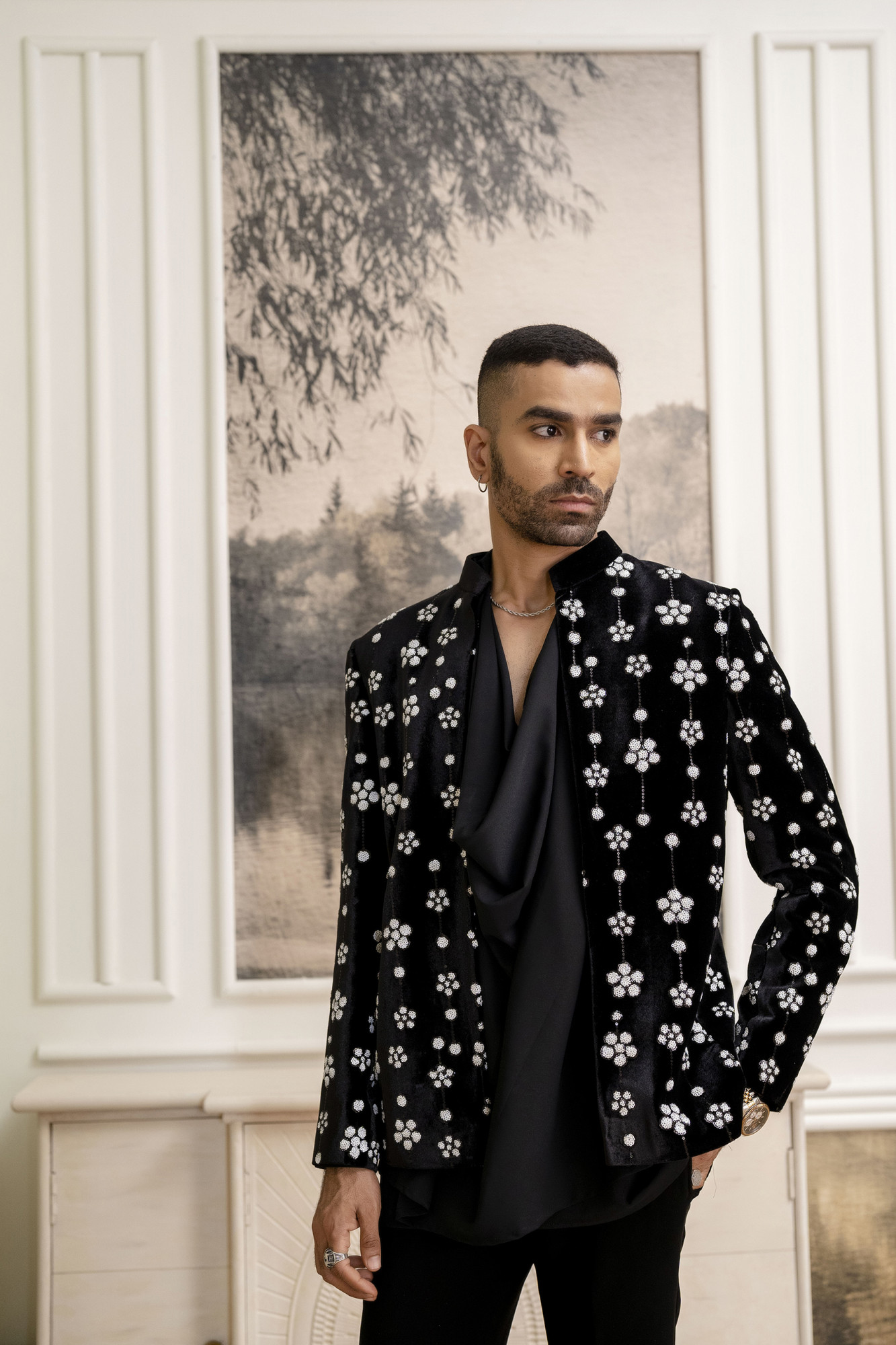 White Sequin Open Bandhgala Jacket