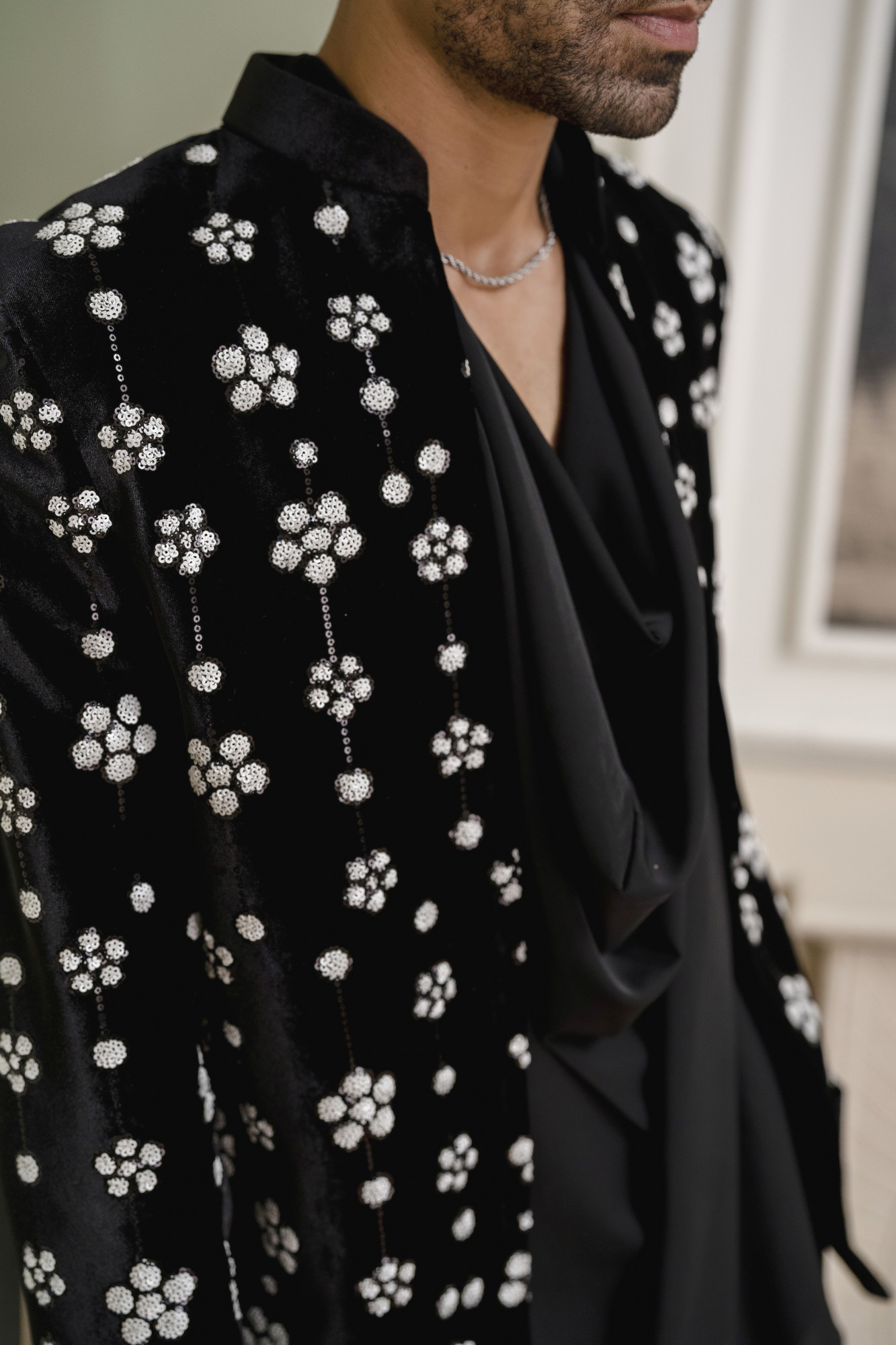 White Sequin Open Bandhgala Jacket