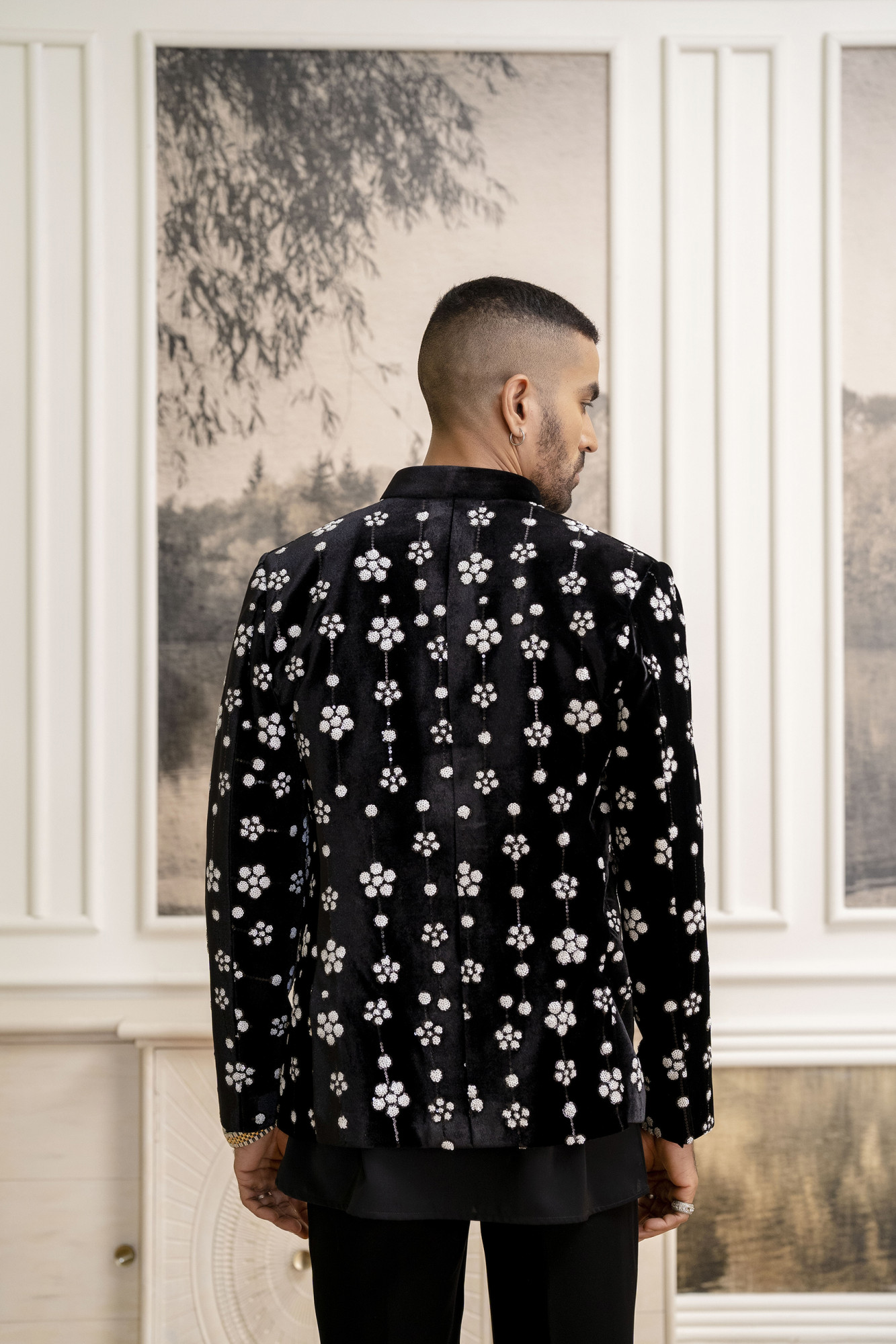 White Sequin Open Bandhgala Jacket