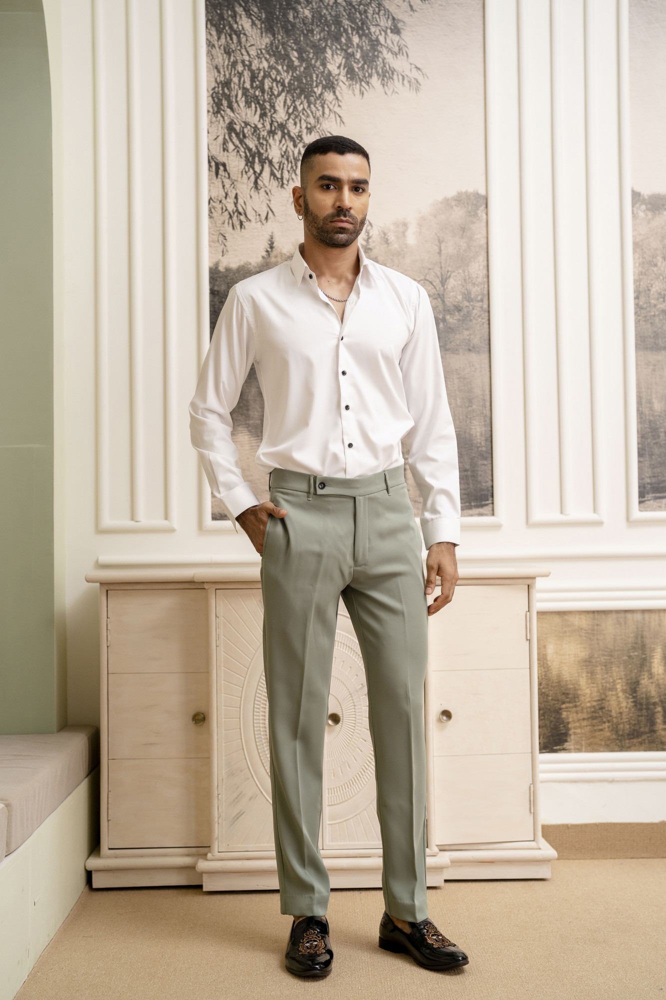 Japanese Straight Fit Pants In off Green