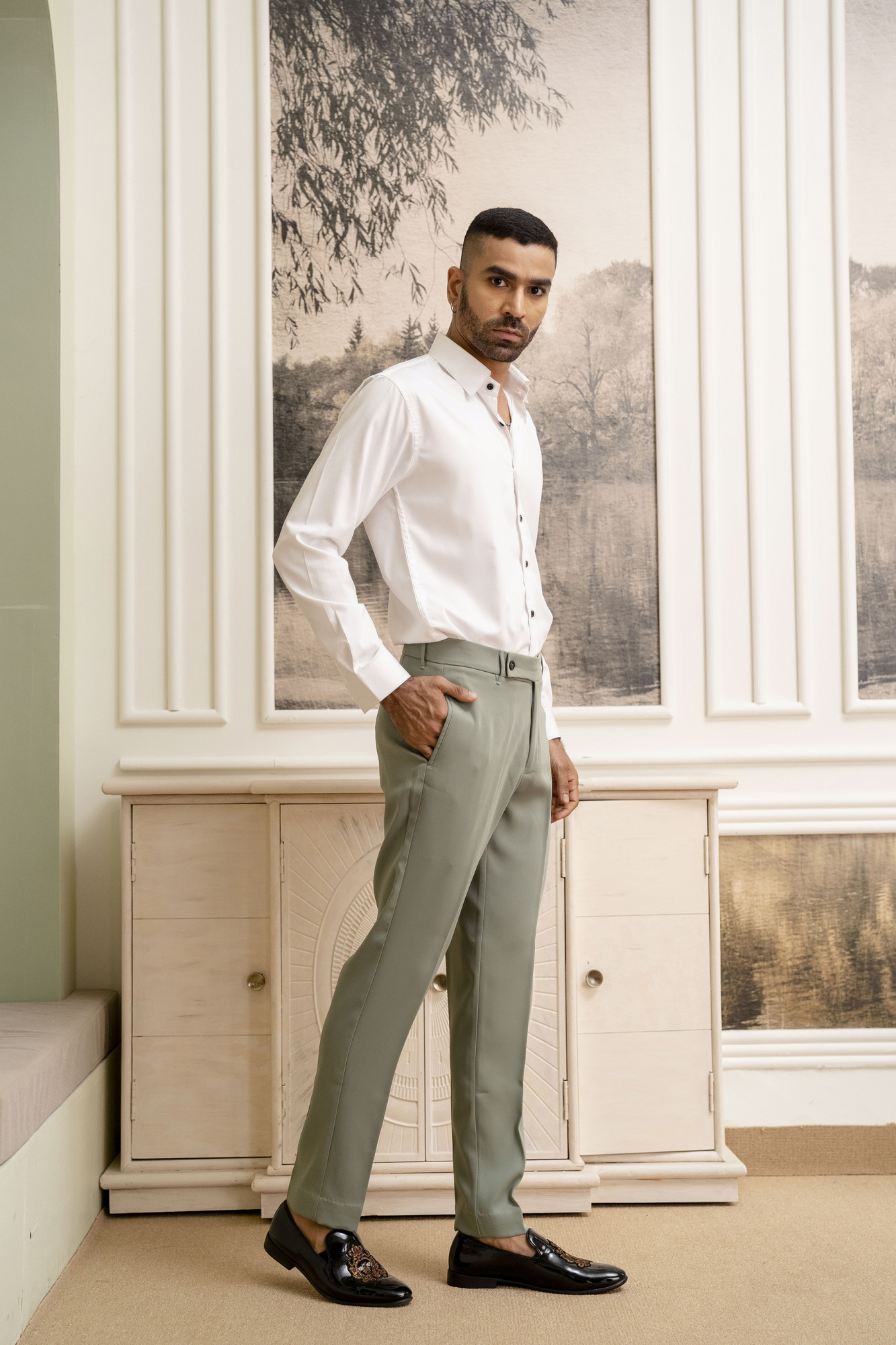 Japanese Straight Fit Pants In off Green