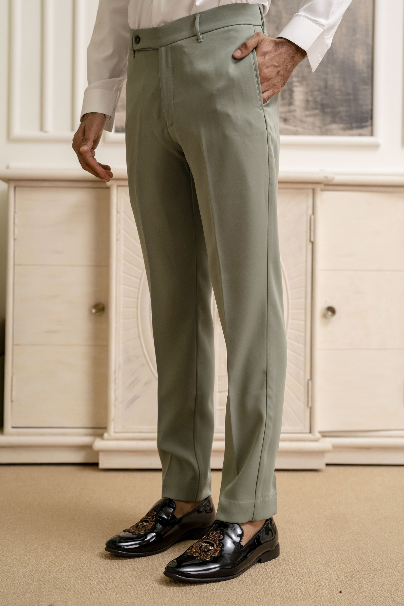Japanese Straight Fit Pants In off Green