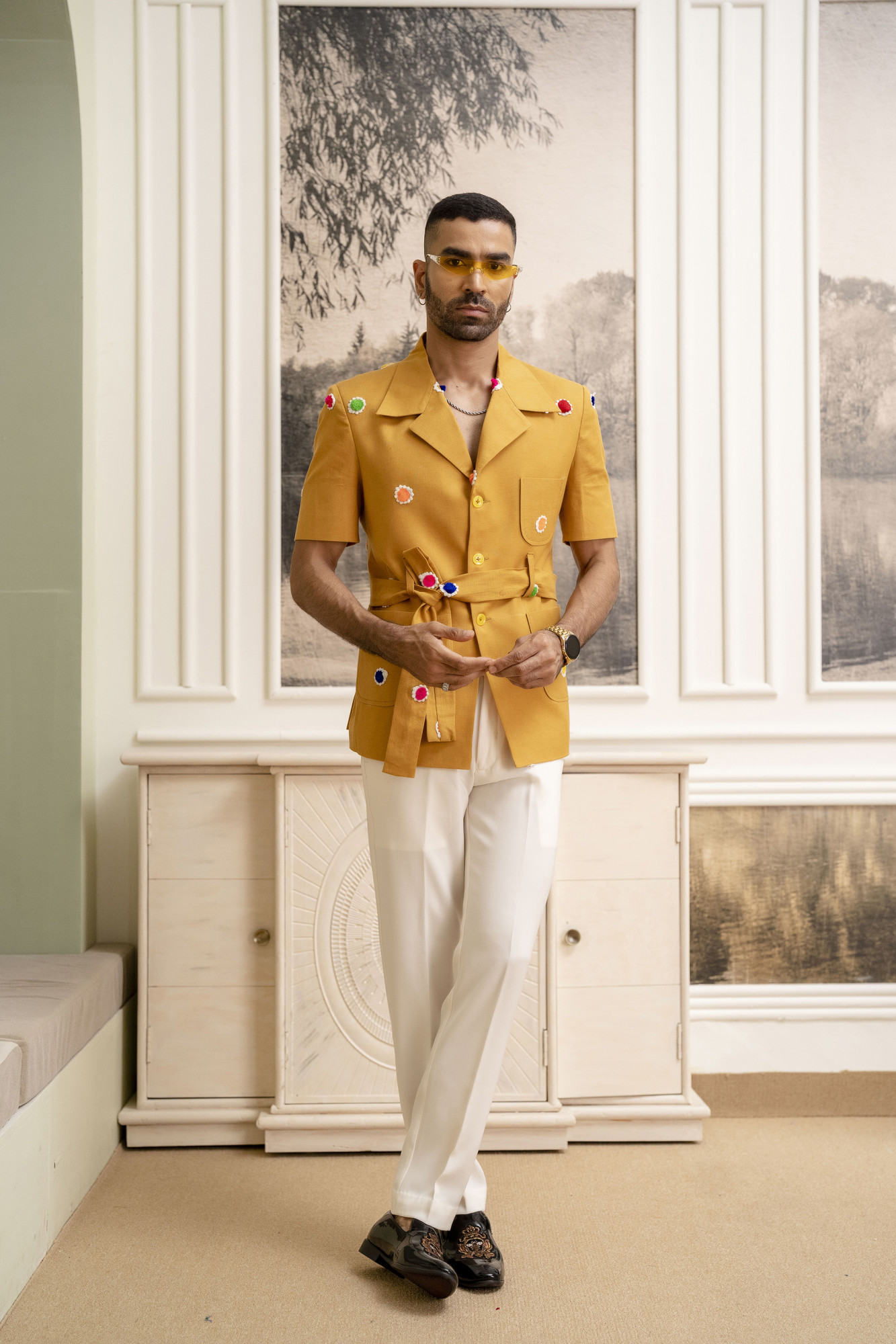 Cotton Embroidered Shacket In Yellow