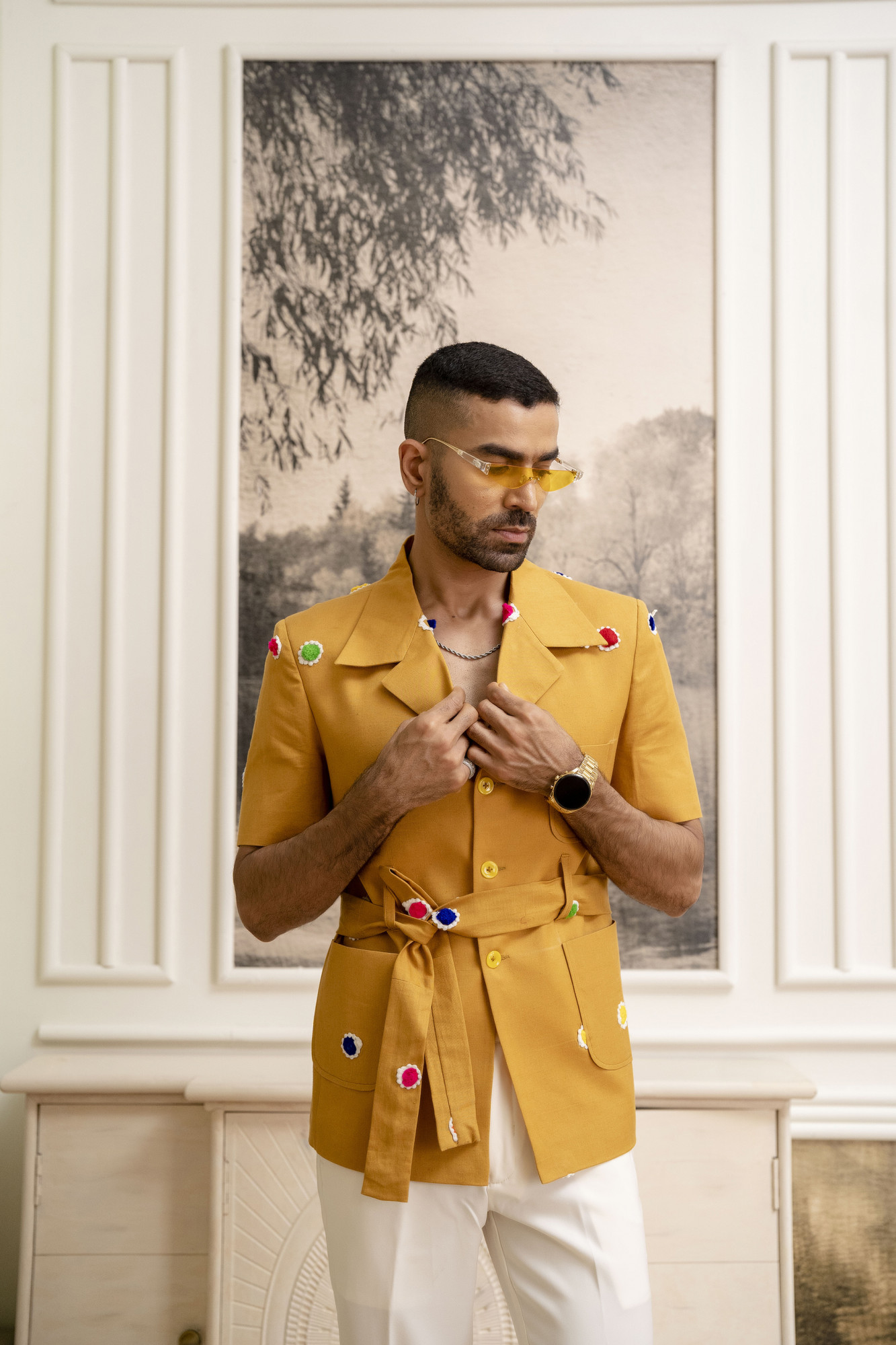 Cotton Embroidered Shacket In Yellow