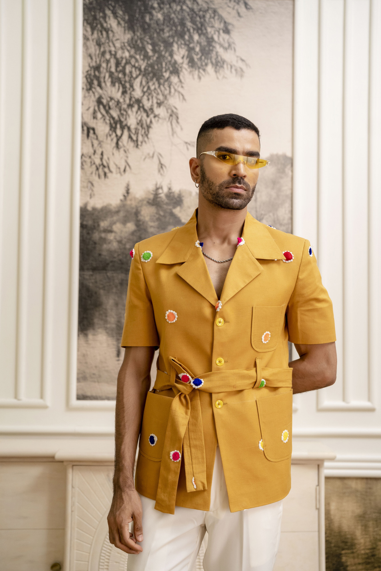 Cotton Embroidered Shacket In Yellow