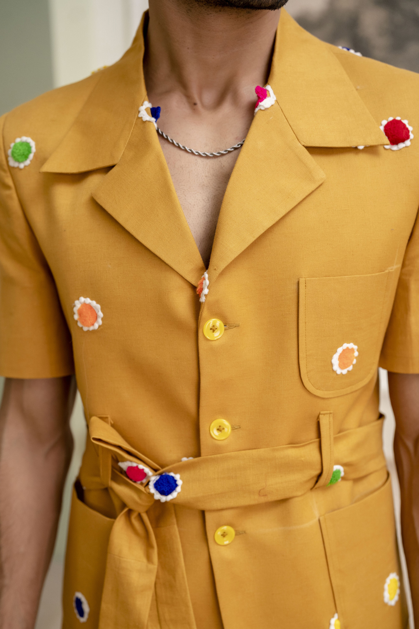 Cotton Embroidered Shacket In Yellow