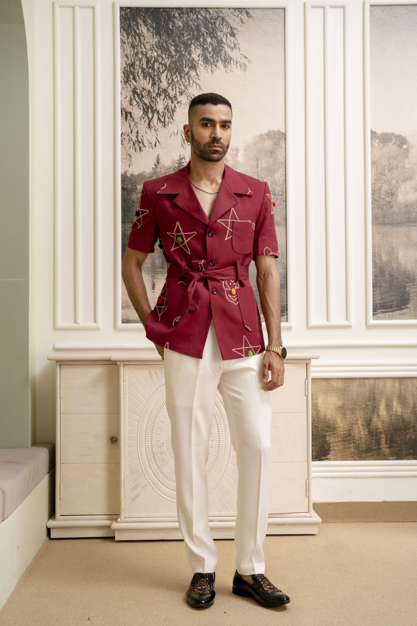 Cotton Embroidered Shacket In Red