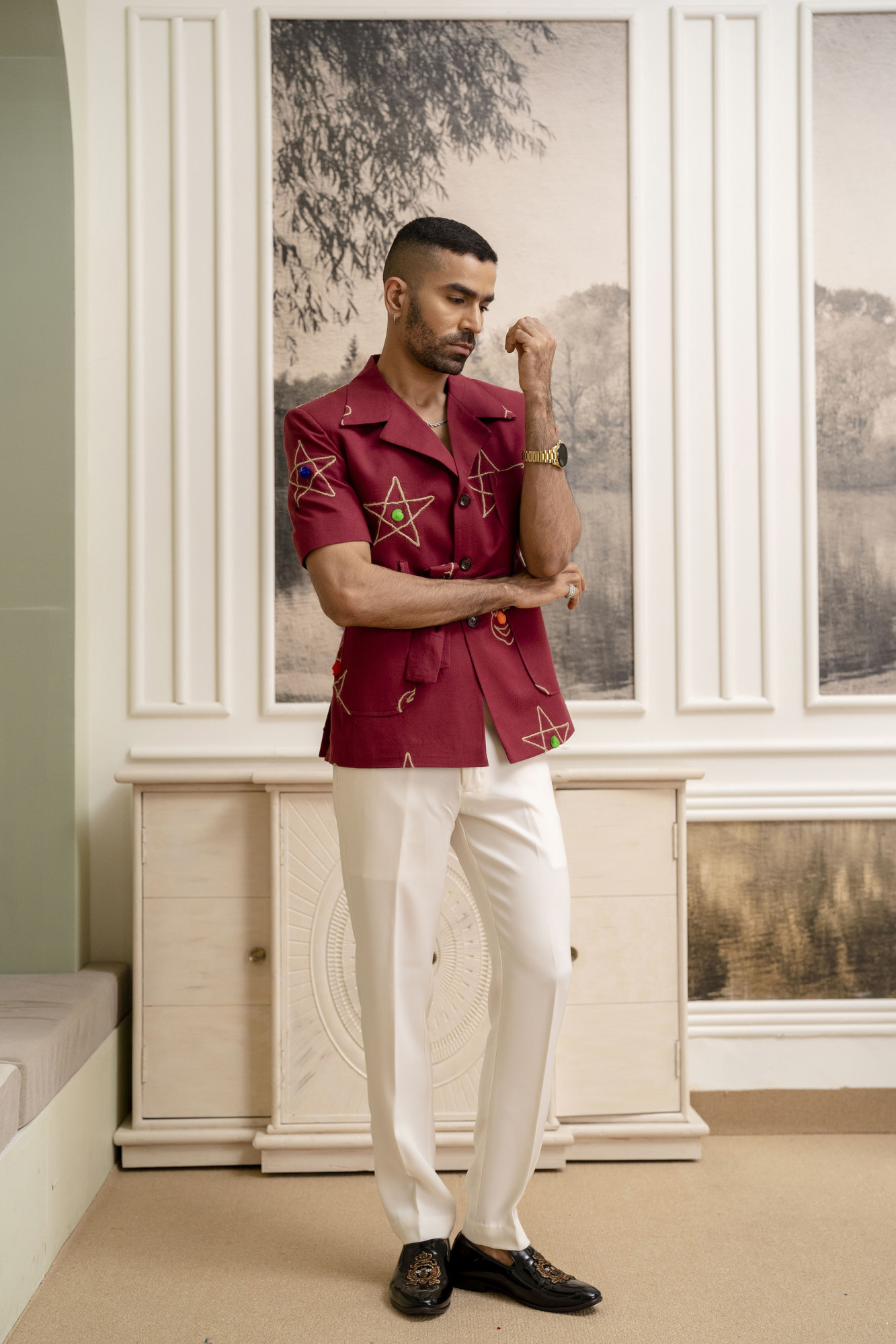 Cotton Embroidered Shacket In Red