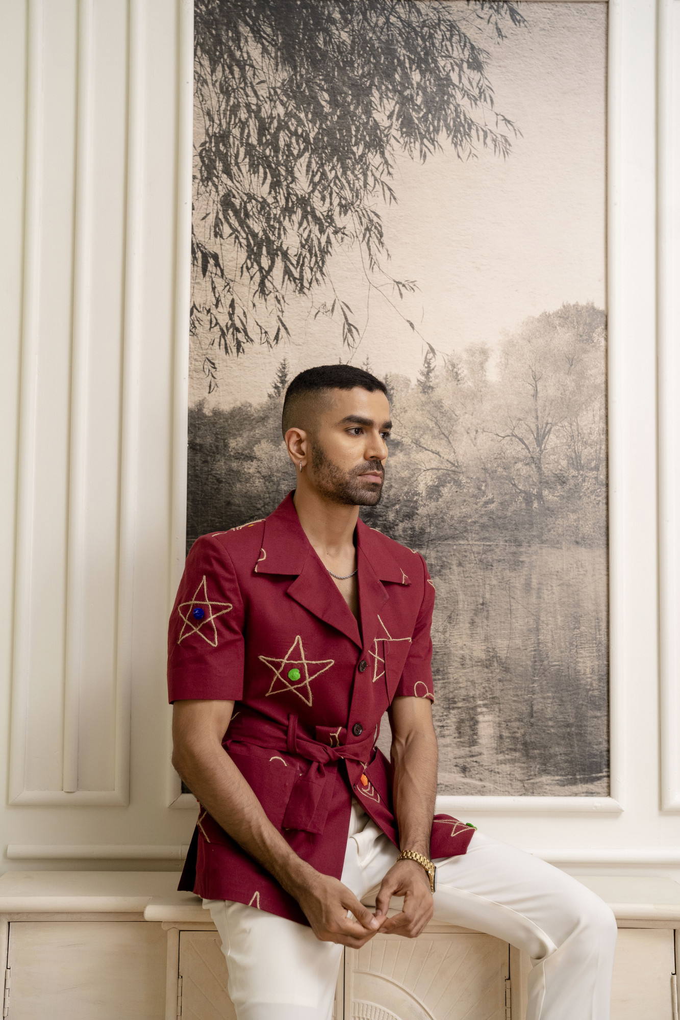 Cotton Embroidered Shacket In Red