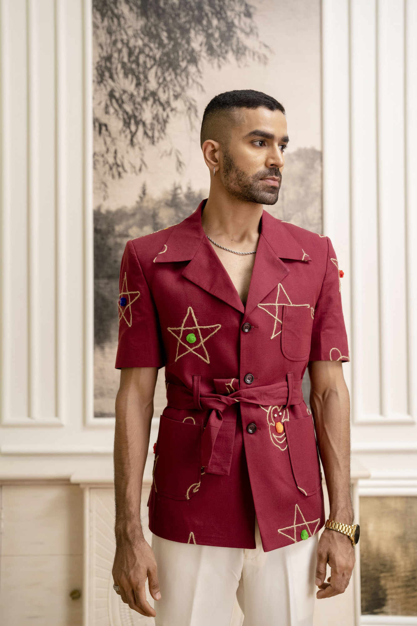 Cotton Embroidered Shacket In Red