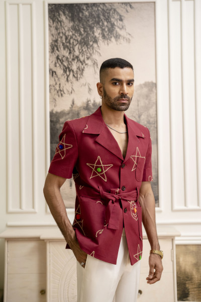 Cotton Embroidered Shacket In Red