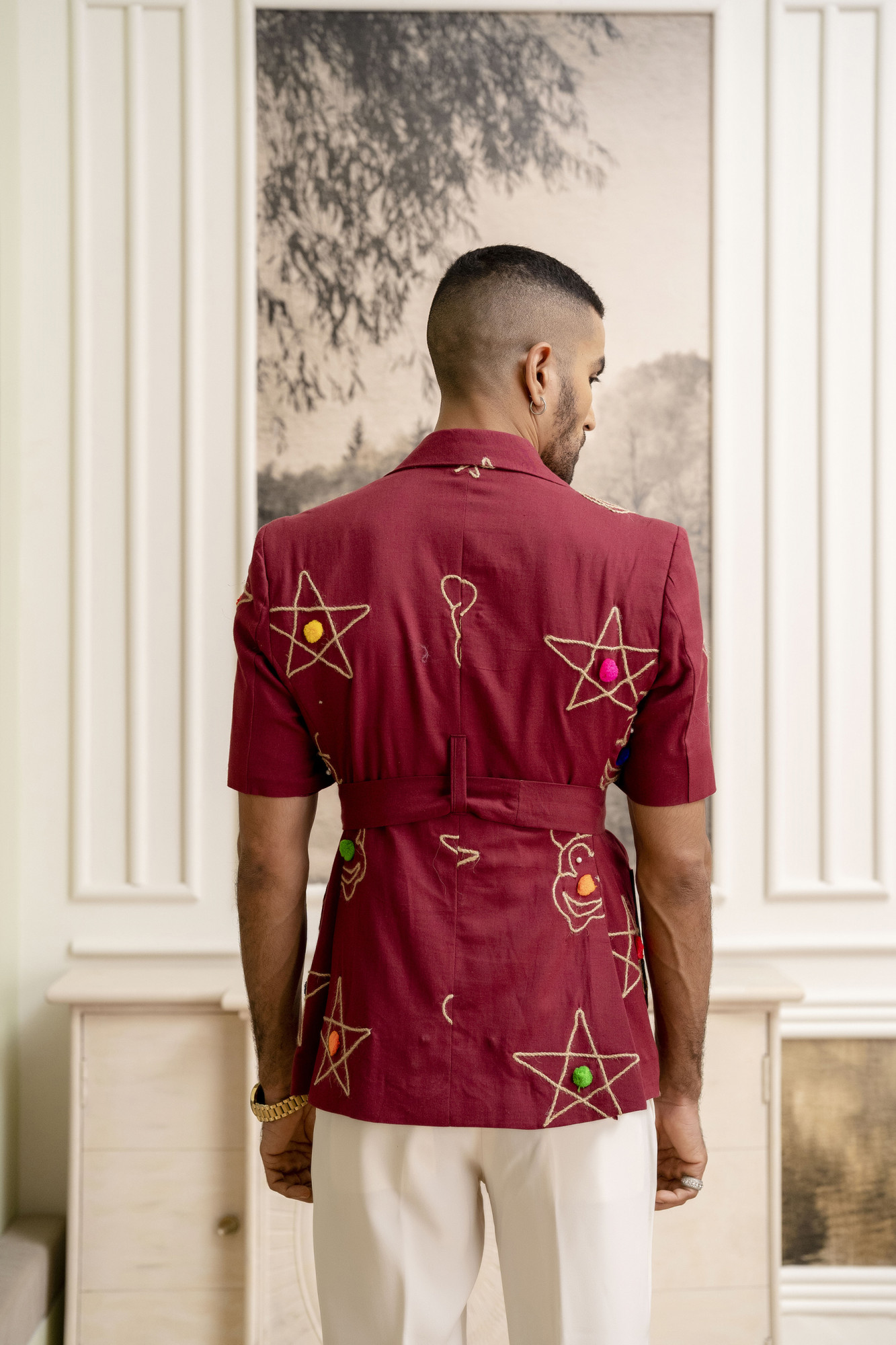 Cotton Embroidered Shacket In Red