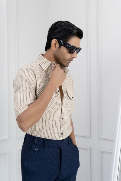 Half Sleeve Striped Shirt In Brown