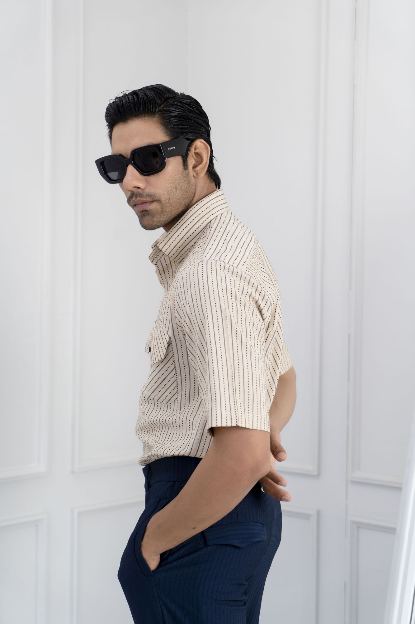 Half Sleeve Striped Shirt In Brown